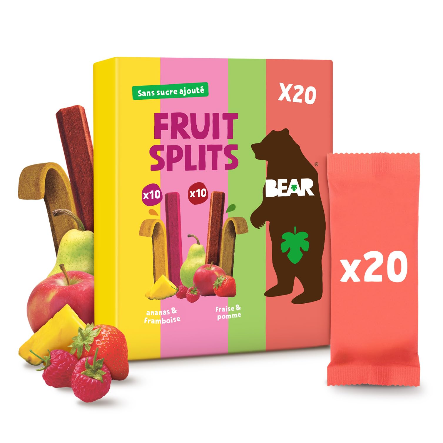 BEAR Fruit Splits Paquet Assortiment | 100% Ingrédients Naturels | 20 x 20g | Goûter Sain pour Enfants & Adultes | Sans Sucres Ajoutés | 400g
