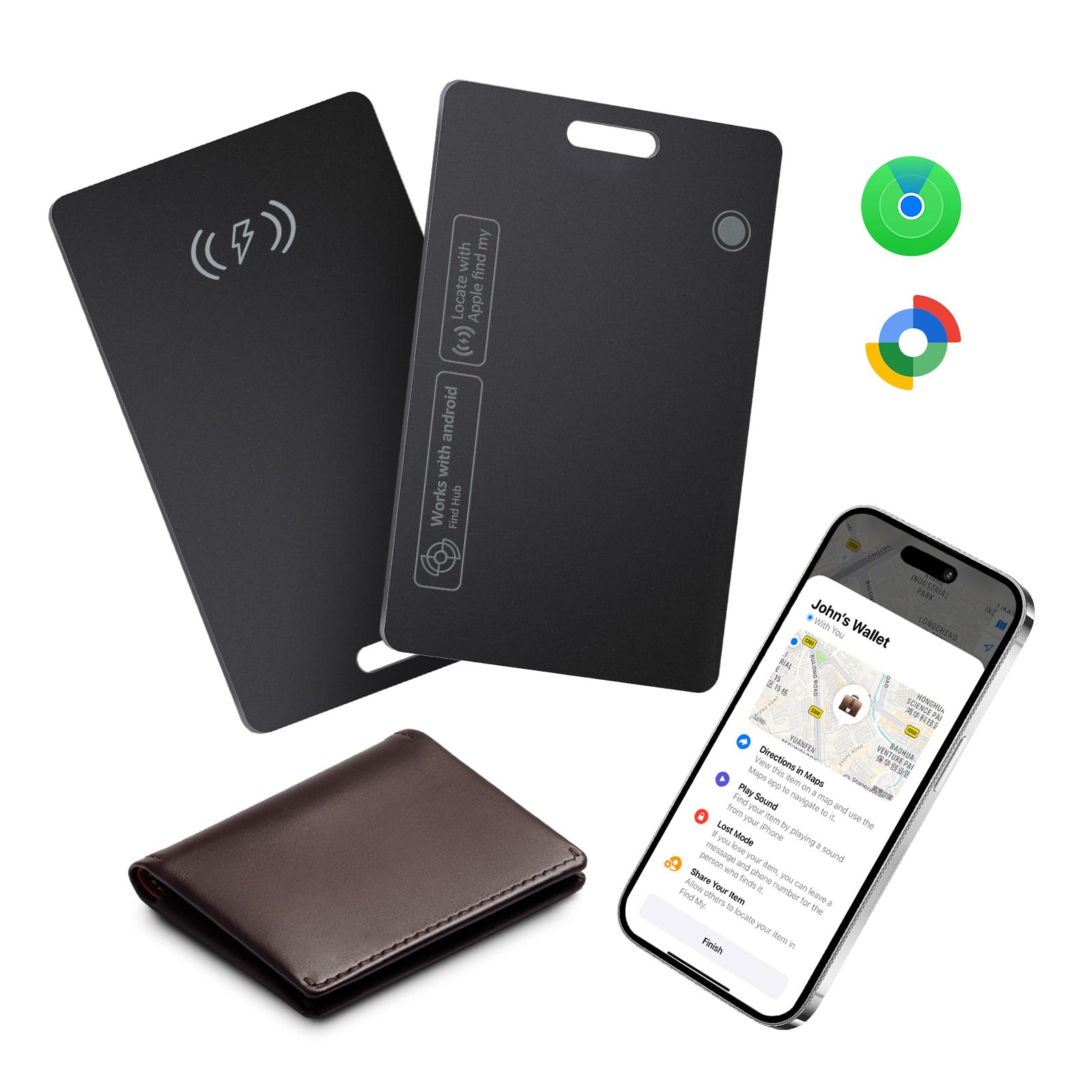 Carte Traceur de Portefeuille, Carte Tracker pour Apple & Android - 2 Pack | Rechargeable Wallet Tracker Carte Localisation pour Portefeuille Valises, Compatible avec Apple Find My et Google's Find Hub