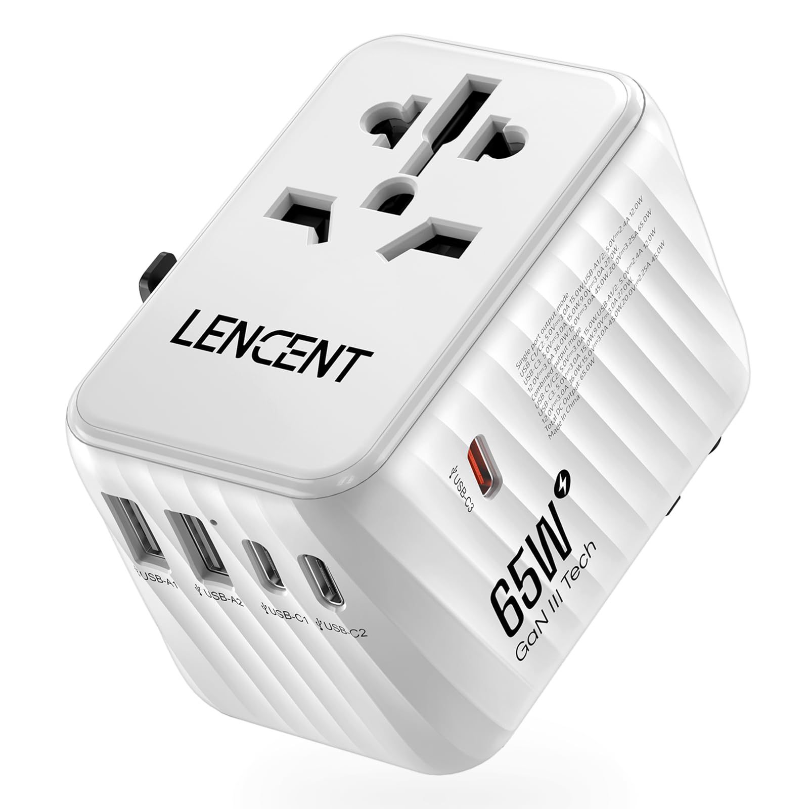 LENCENT 65W GaN3 Adaptateur Prise électrique avec 2 USB et 3 Type C PD | Adaptateur Voyage Universel Charge Rapide International vers UK USA Australie Canada Italie Chine Japon Thaïlande Blanc
