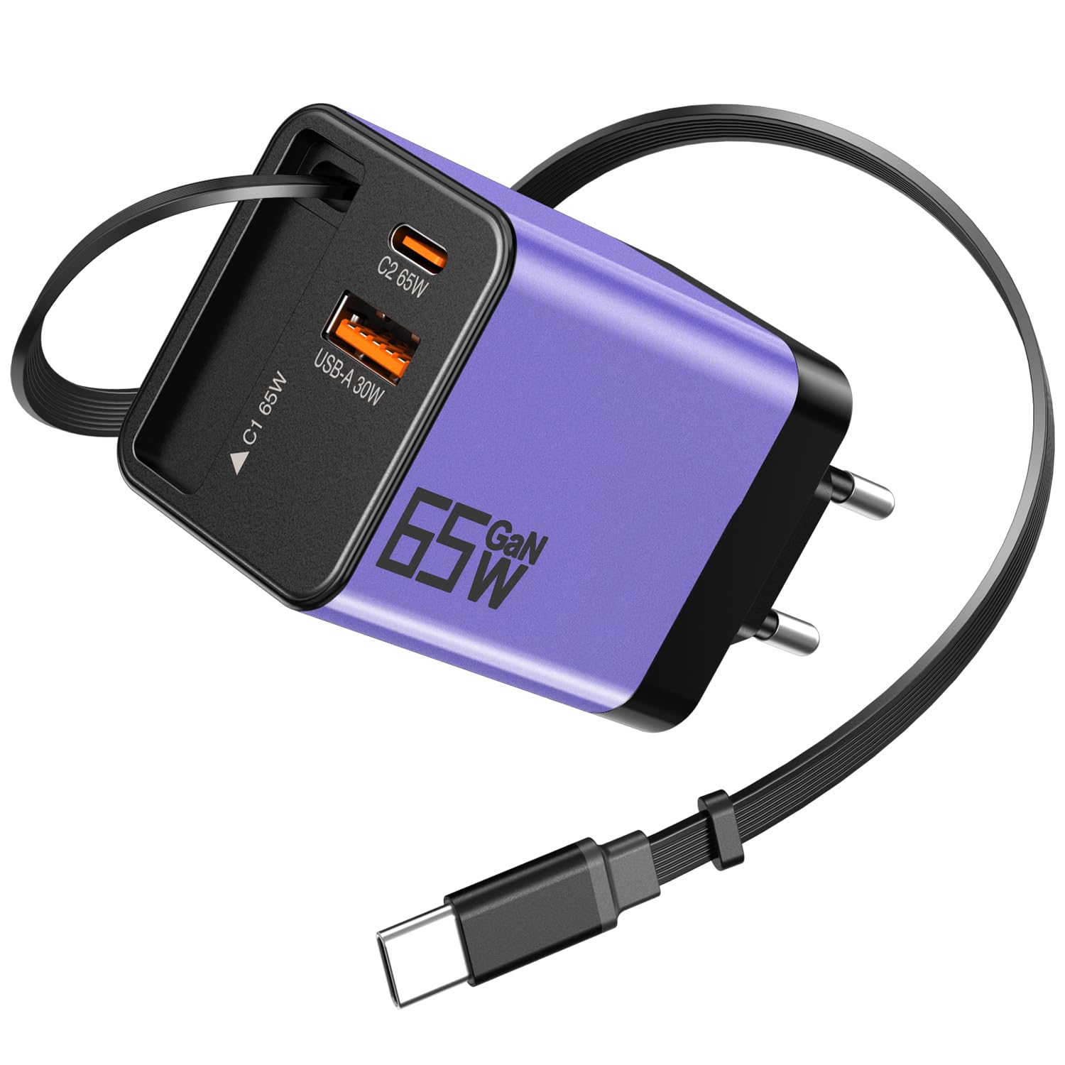 Chargeur USB C 65W GaN avec Câble Rétractable(0,7M), Chargeur Rapide 3 Ports, Adaptateur Secteur Portable pour iPhone 17 Pro Max/16/15, Galaxy S25 Ultra, MacBook Pro/Air, iPad et Ordinateurs Portable