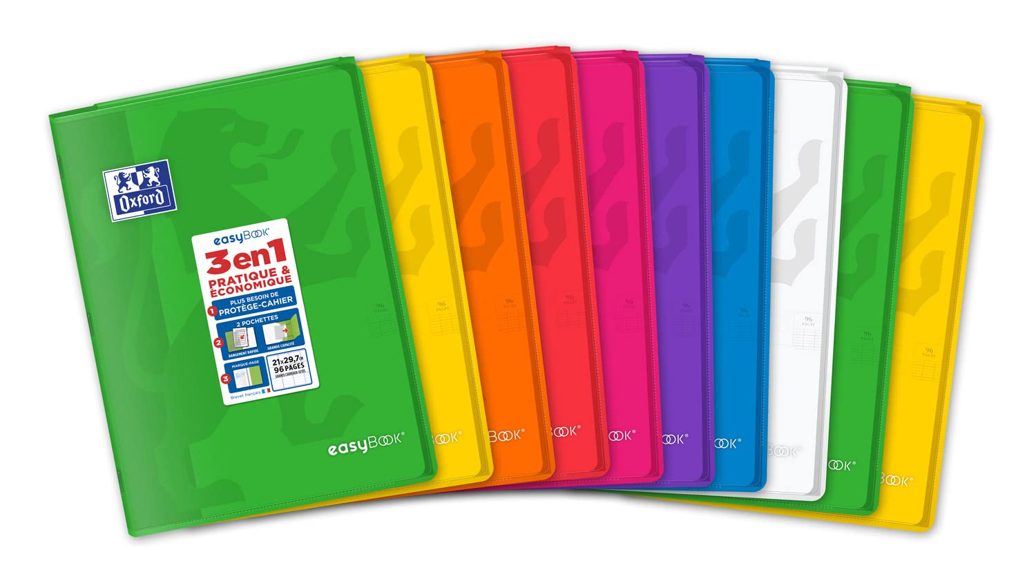 OXFORD EasyBook Lot de 10 Cahiers Agrafés au Format A4 (21 x 29, 7cm) 96 Pages Grands Carreaux Seyès 90gr Couleurs Assorties