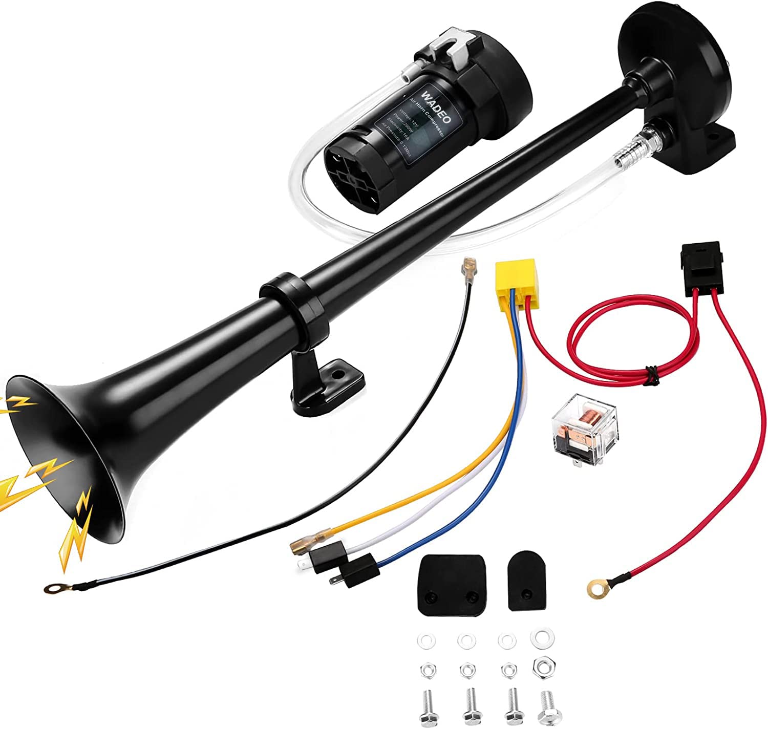 WADEO 12V 118db Kit de Klaxon de Train avec Compresseur Klaxon Simple Trompette Puissant et Bruyant pour Camions, Voitures, Bateaux, SUV, Train (Noir-1)
