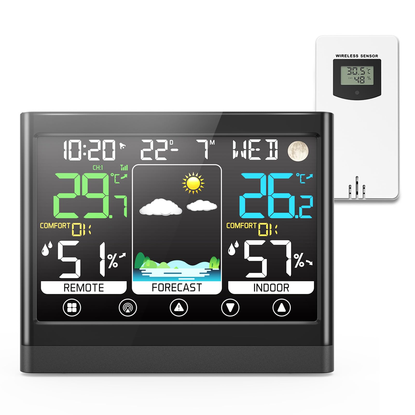 jely Station Météo Intérieur Extérieur Sans Fil avec Capteur, Écran Couleur | Thermomètre Hygromètre, Température Humidité, Météo Prévisions, DCF Radio, Phase de la Lune, Réveil Snooze