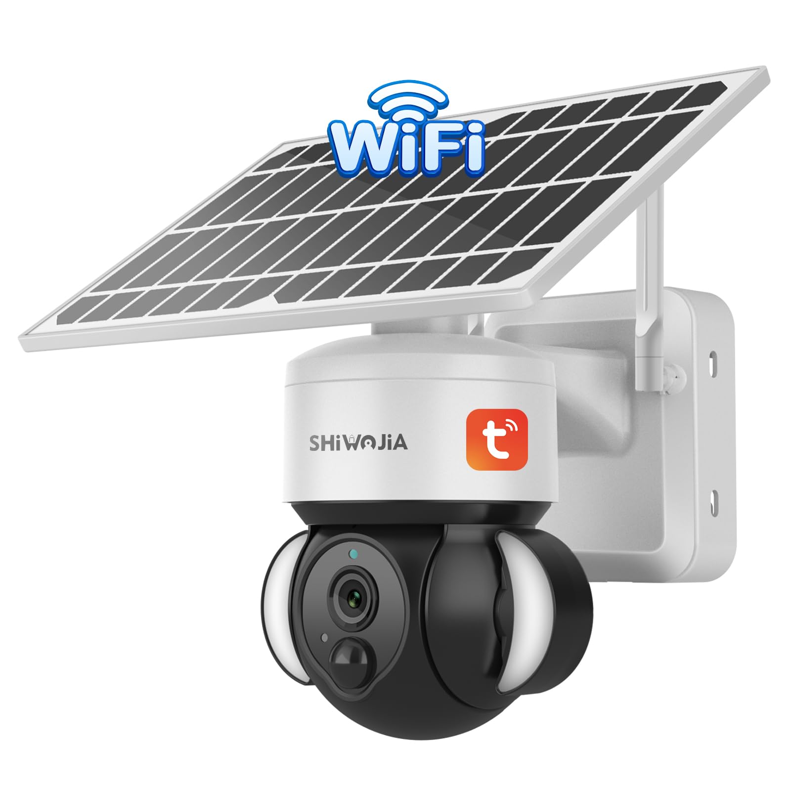 SHIWOJIA Camera Tuya Exterieur, Camera Solaire Exterieur WiFi sans Fil, 3MP Camera Smart Life, 360° PTZ, Vision Nocturne Couleur, Audio Bidirectionnel, PIR Sirène