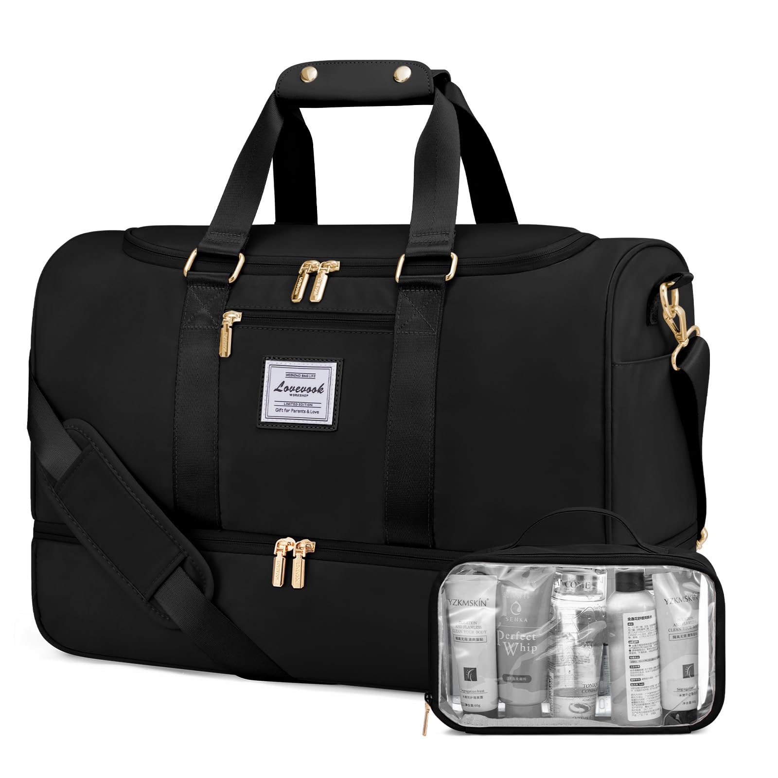 LOVEVOOK Sac de Voyage pour Femme 37L, Bagage à Main Léger avec Compartiment à Chaussures, Imperméable pour Week-End et Hôpital, Sac Humide Séparé, Noir