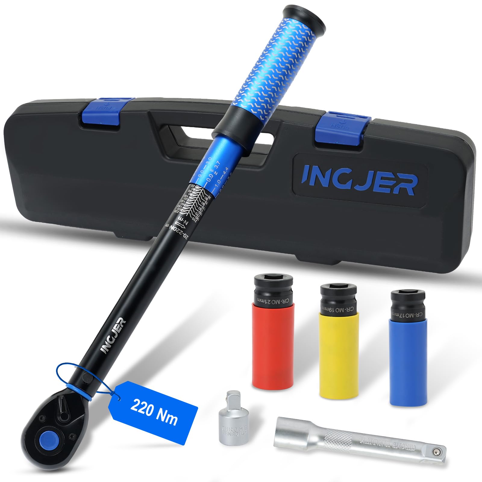 INGJER Clé dynamométrique 1/2" 20-220Nm, certifiée TÜV GS, set 6 pièces | avec rallonge 125mm, adaptateur 1/2"→3/8", 3 douilles 17/19/21mm, pour pneus de voiture