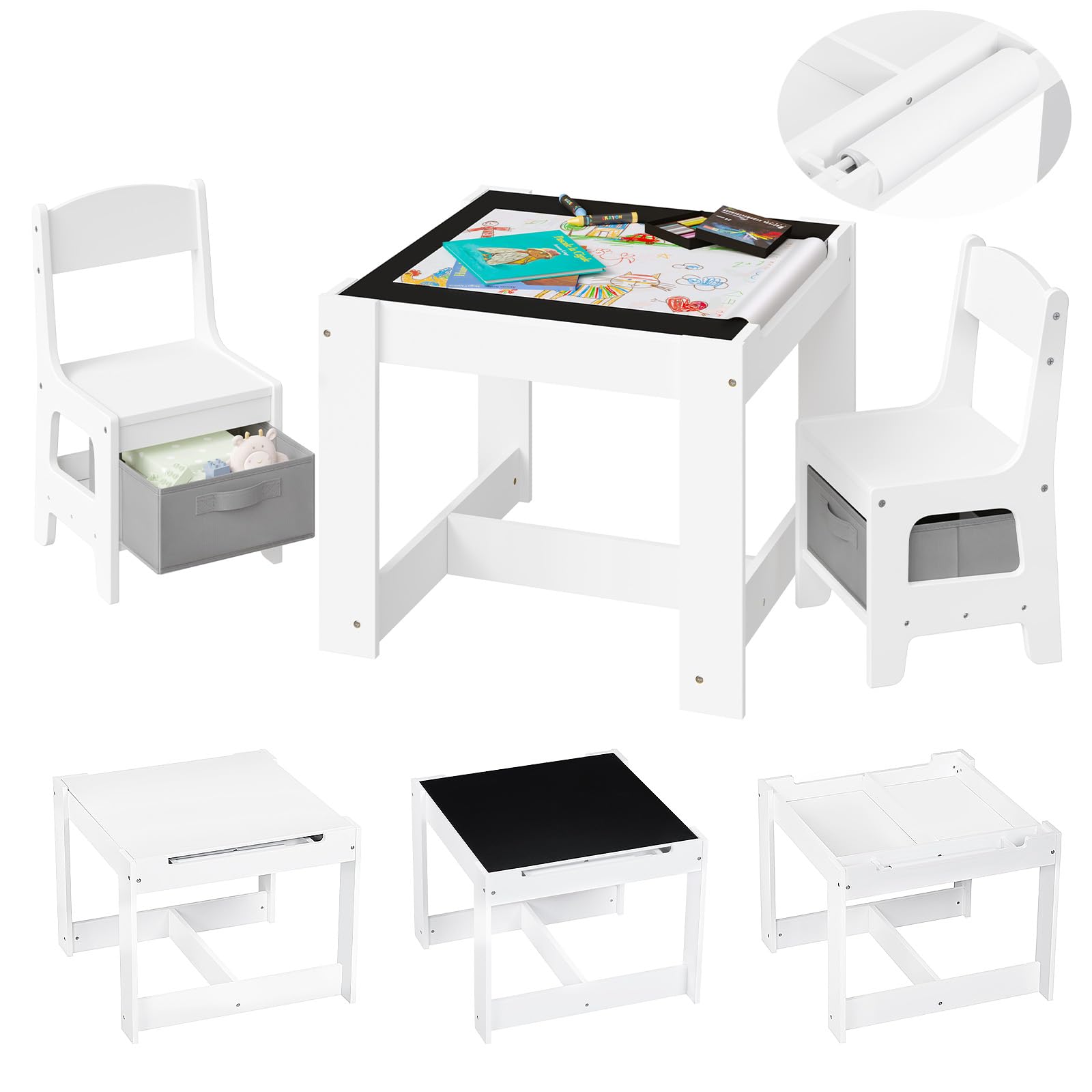 Lestarain 3 en 1 Table pour Enfants et 2 Chaises avec Tiroir de Rangement, Ensemble de Meuble Table d'activité avec Tableau Noir et Un Rouleau de Papier Amovible à Dessiner, Blanc