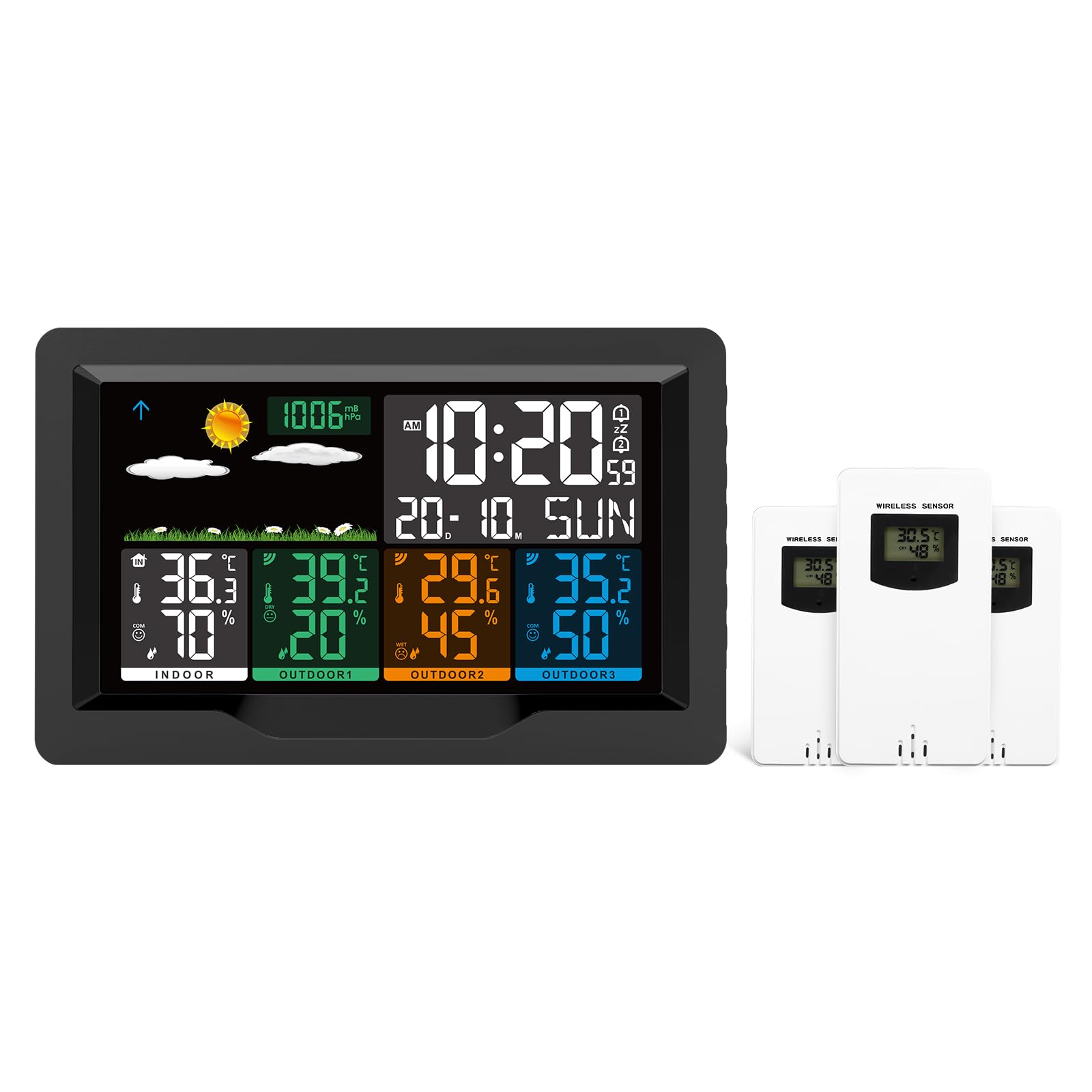 jely Station Meteo avec 3 Capteurs Sans Fil, Station Météo avec Baromètre | Écran Couleur, Prévisions Météo, Thermomètre Hygromètre Intérieur Extérieur, Température Humidité, Temps, Réveil, Noir