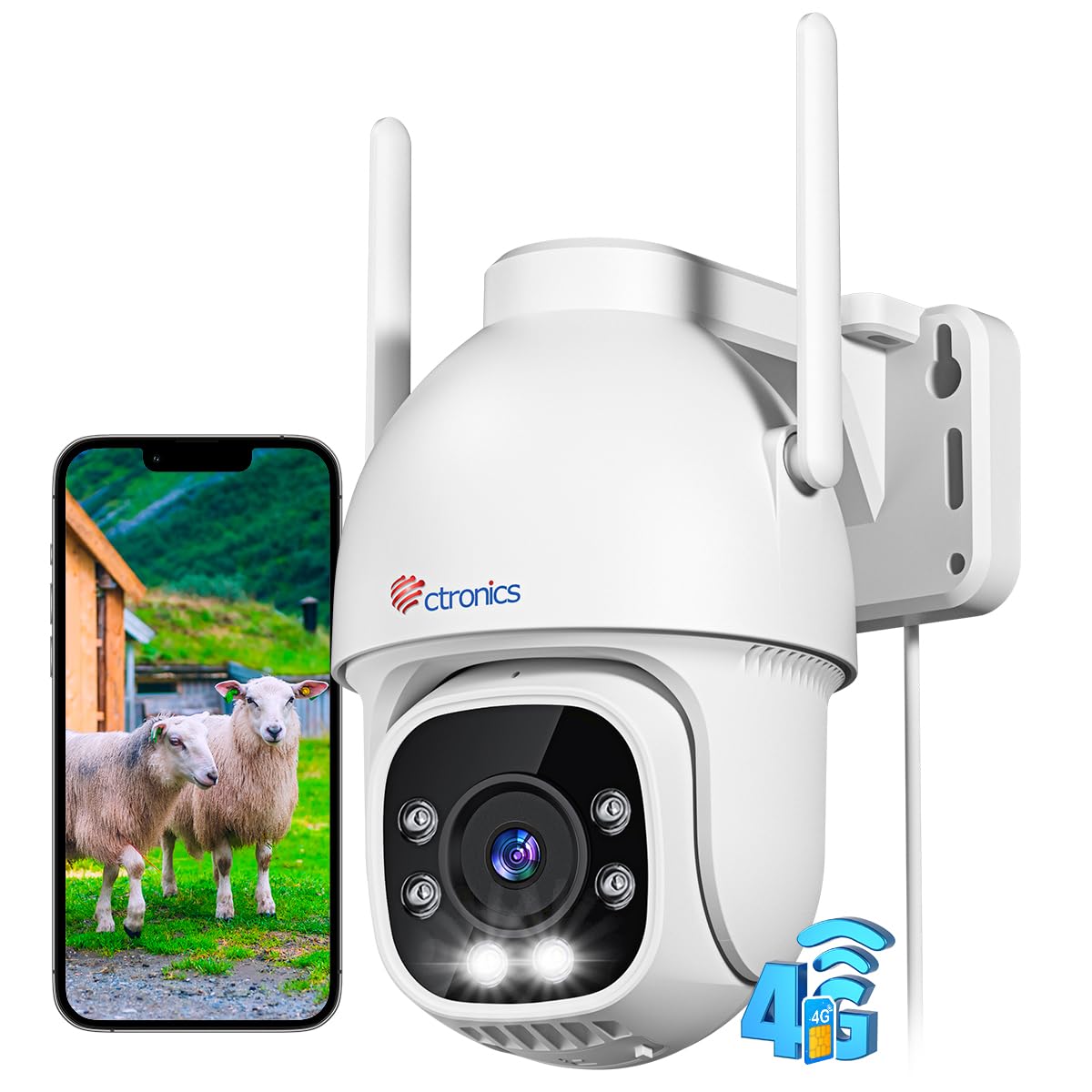 Ctronics Caméra de Surveillance Extérieure 3G/4G LTE avec Carte Sim | 360° PTZ IP Caméra 4G, Détection Humaine Suivi Auto, Vision Nocturne Couleur 30M, Audio Bidirectionnel, IP66