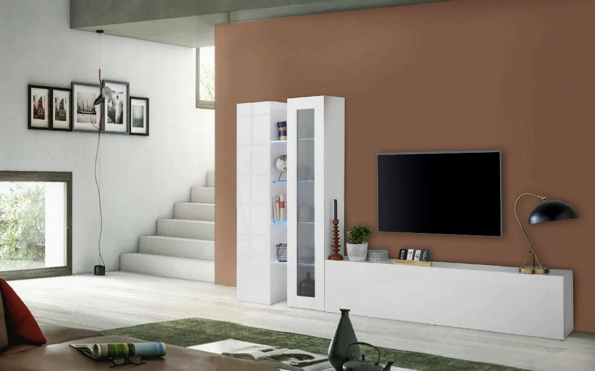 Dmora - Élément mural Dimitri, meuble TV 3 portes, Meuble de salon polyvalent avec vitrine et lumière LED, 100% Made in Italy, 280x30h180 cm, Blanc brillant