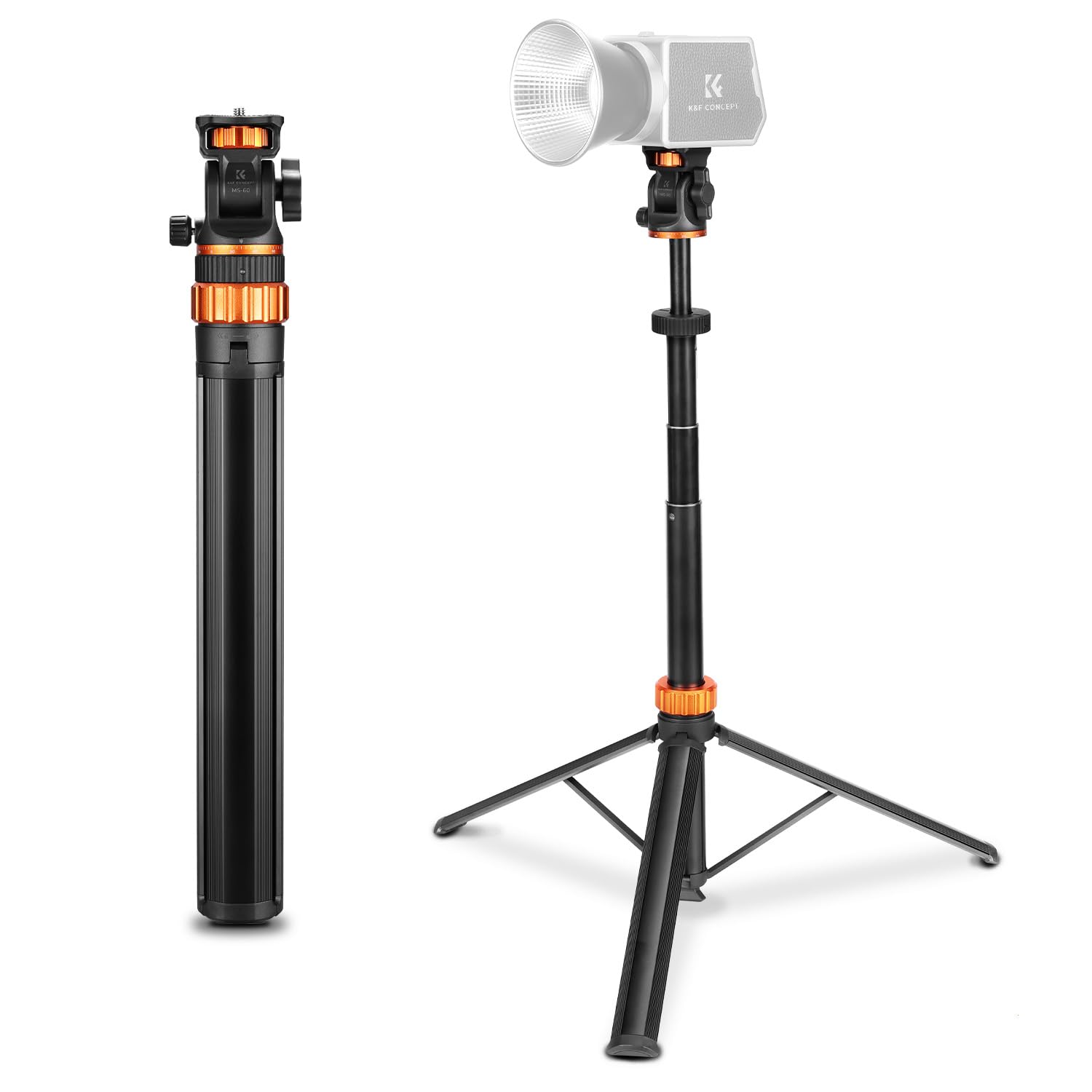 K&F CONCEPT Trépied d'Éclairage 199cm Libération Rapide pour Studio | Aluminium, charge 5kg, rotule 360°, vis 1/4, appareil photo mobile, pliable avec sac, MS60