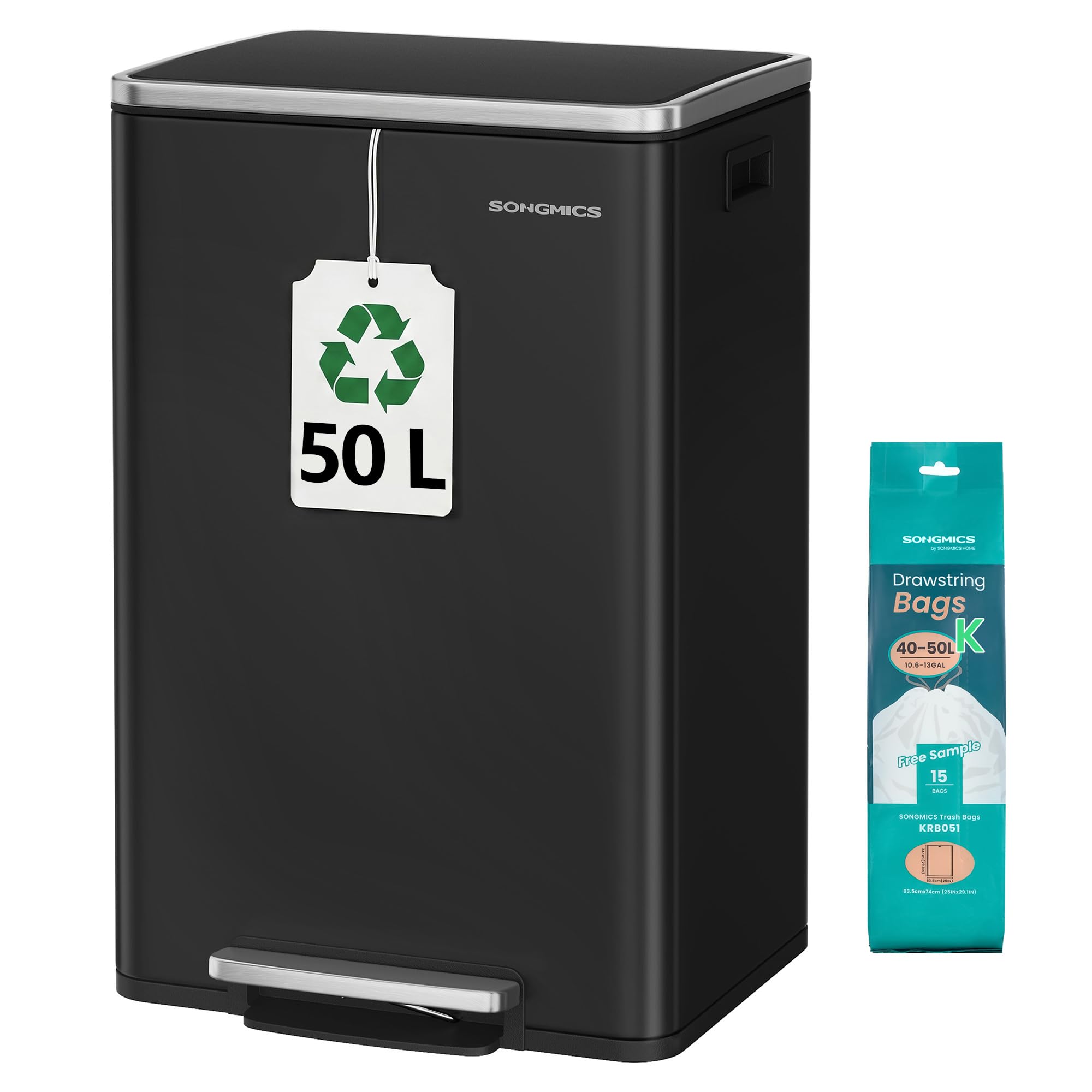 SONGMICS Poubelle de Cuisine 50 L, avec 15 Sacs Poubelle, en Acier, Seau Intérieur Amovible en Plastique, avec Couvercle, Poignées, Fermeture en Douceur, Noir d'Encre LTB595B02