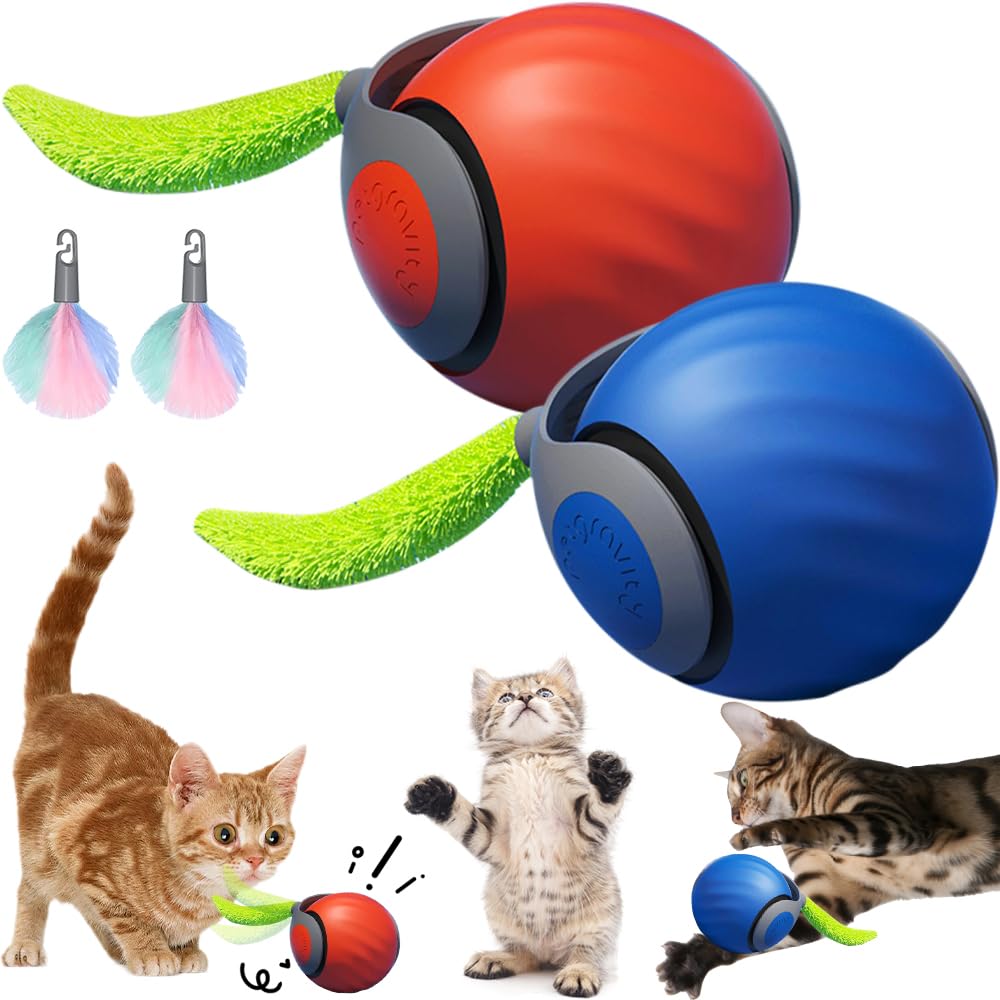 Poxtedsr Balle de Jouets interactifs pour Chats d'intérieur, Jouet Interactif pour Chien et Chat, Balle Roulante Automatiqu avec Queue Duveteuse (Bleu&Orange)