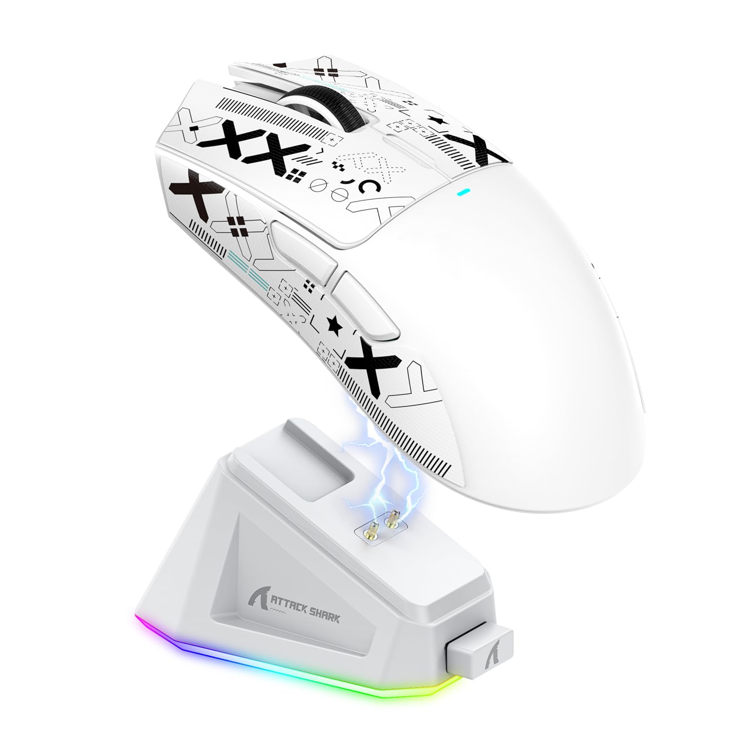 Souris de Jeu X11 ATTACK SHARK avec Station de Chargement magnétique, capteur de Jeu PixArt PAW3311, sans Fil/Filaire BT/2,4 G avec Bande antidérapante, 22 000 DPI, Souris de Joueur Blanc + Ruban