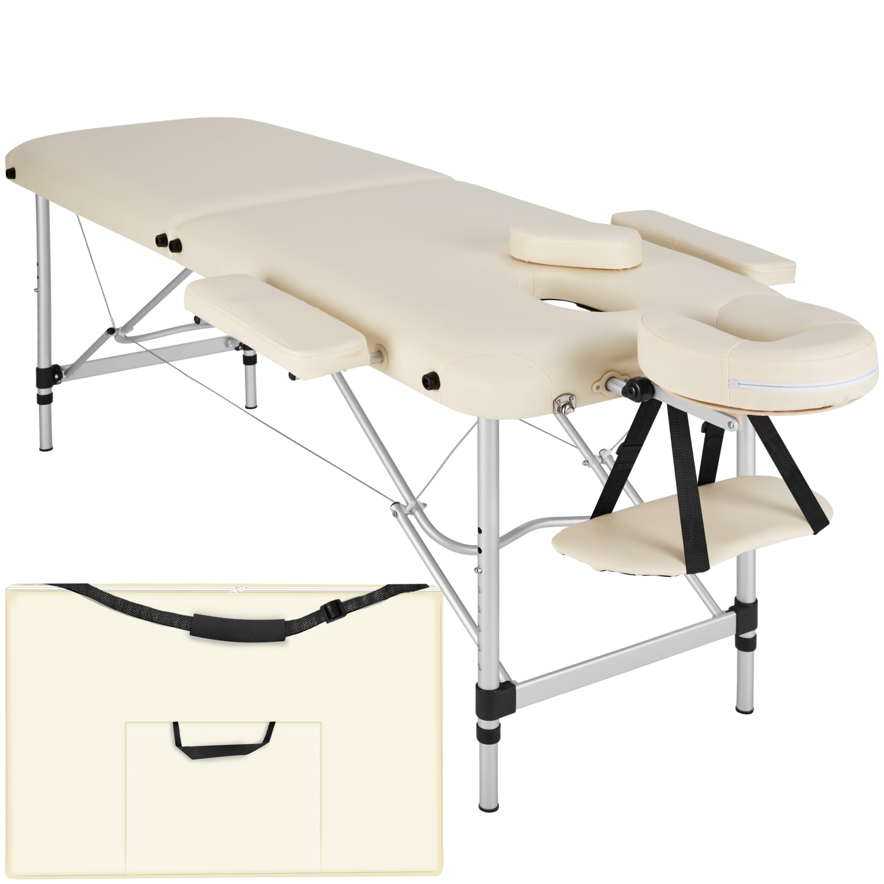tectake® Table de Massage à 2 zones pliante, 205x82 cm, Réglable en Hauteur | Structure en aluminium, Largeur 61 cm, Rembourrage 4 cm, Appui-tête ajustable et amovible, Sac de transport inclus, Beige