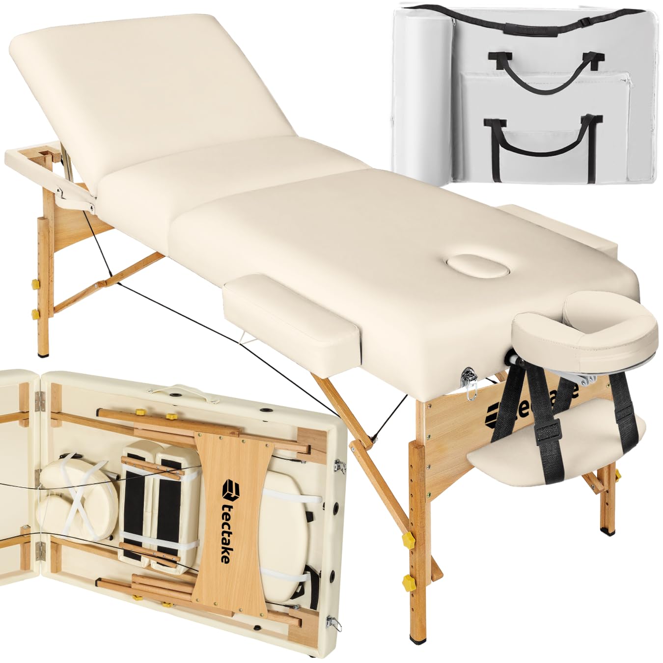 tectake Table de Massage Pliante, Rembourrage 7,5 cm, Table esthetique avec Repose Bras et Appui tête Ergonomique, Housse de Transport Incluse - Beige