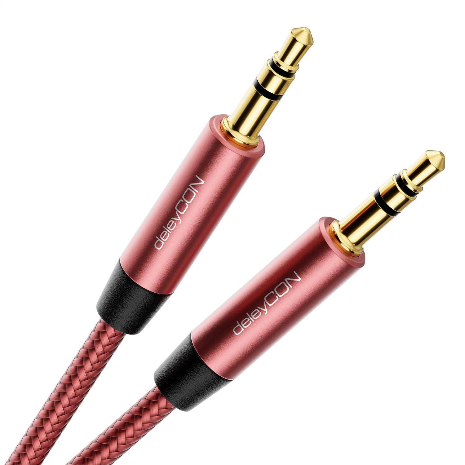 deleyCON 0,5m Câble Audio Stéréo AUX en Nylon 3,5 mm - Câble Audio en Nylon - Fiche Métallique - pour Téléphone Portable, Smartphone, Tablette, Casque, Récepteur HiFi - Rouge/Rose