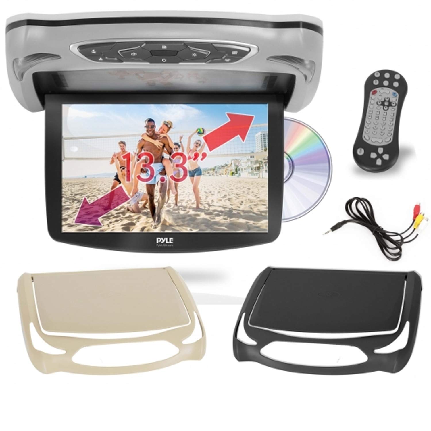 Pyle Lecteur DVD Plafonnier Voiture 13,3 Pouces – Écran Rabattable LCD avec HDMI, USB, Carte SD, Transmetteur IR pour Casques sans Fil, Écran Multimédia Voiture
