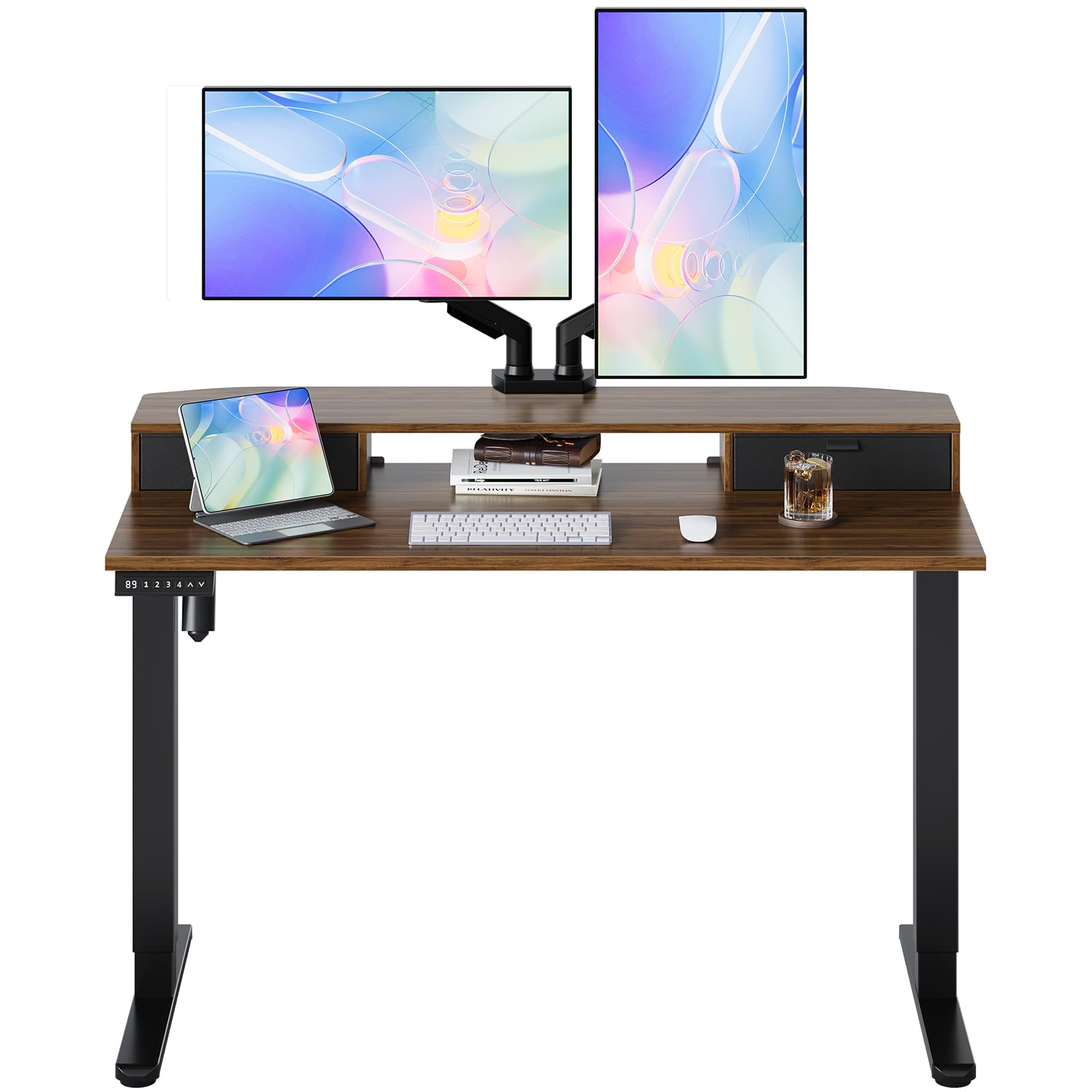 HUANUO Bureau Électrique Debout 120x60cm avec 2 Tiroirs Tissu 4 Mémoires | Compatible Support à Pince en C, Bureau Debout à Domicile, 4 Réglages Hauteur Mémorisables