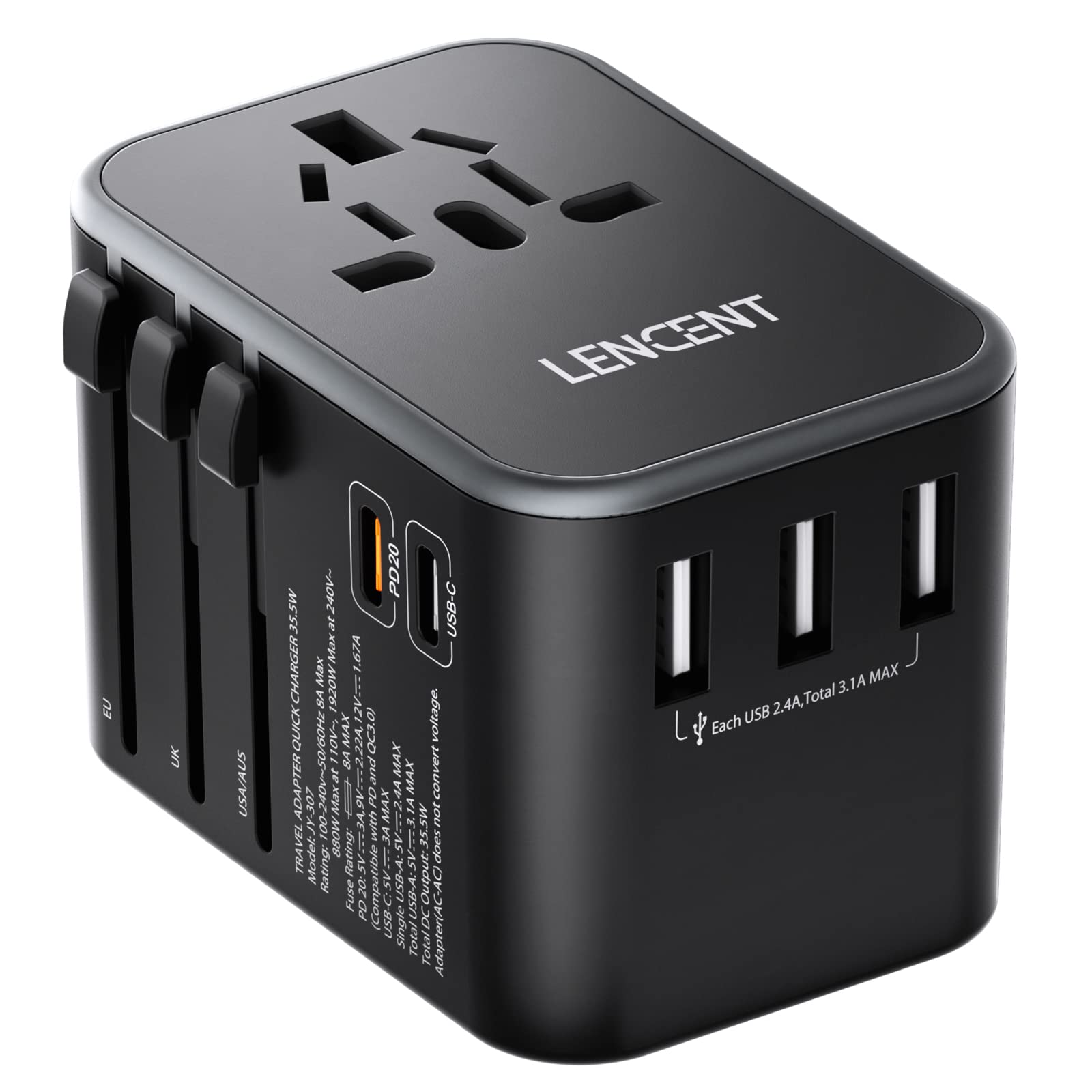 LENCENT Adaptateur de Voyage Universel Chargeur International | 3 USB et 2 Charge Rapide Type C Chargeur Mural Mondial Tout-en-Un pour iPhone Samsung Tablette Type A/C/G/I USA/UK/EU/AUS