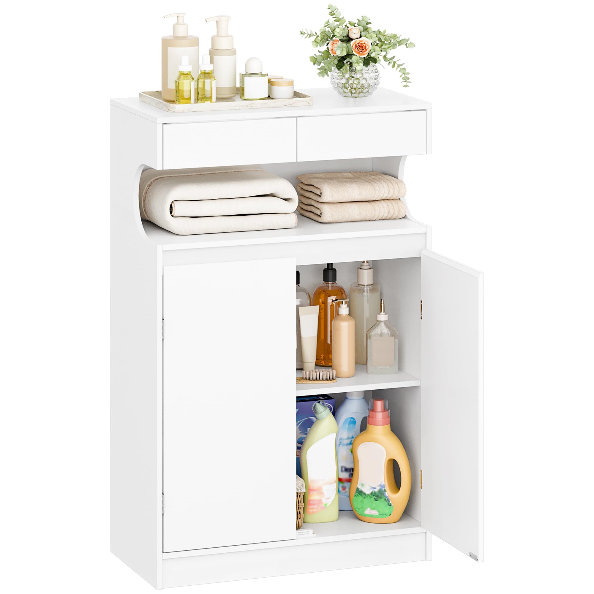Hzuaneri Meuble de Salle de Bain, Meuble de Rangement avec 2 Tiroirs | Armoire sur Pied avec 2 Portes et Étagère Réglable, Armoire Rangement, pour Salon, 30 × 60 × 90 cm, Blanc SC63903X