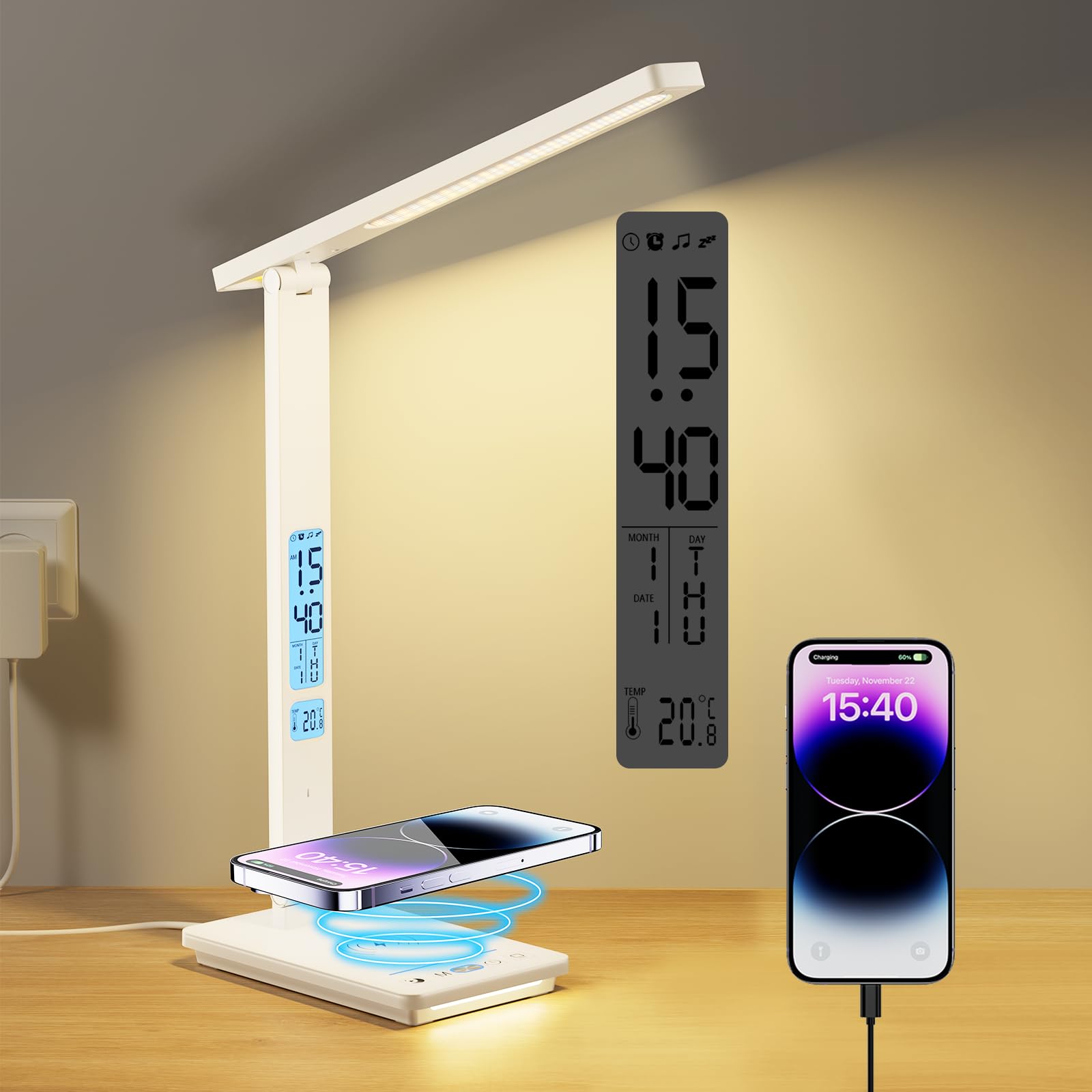 YAMYONE Lampe de Bureau LED avec Chargeur sans Fil & Port USB, 5 Couleurs Luminosité Variable Touch Control, Lampe Chevet 2 Veilleuses, Large Écran LCD Horloge Température, Lampe pour Bureau Étude