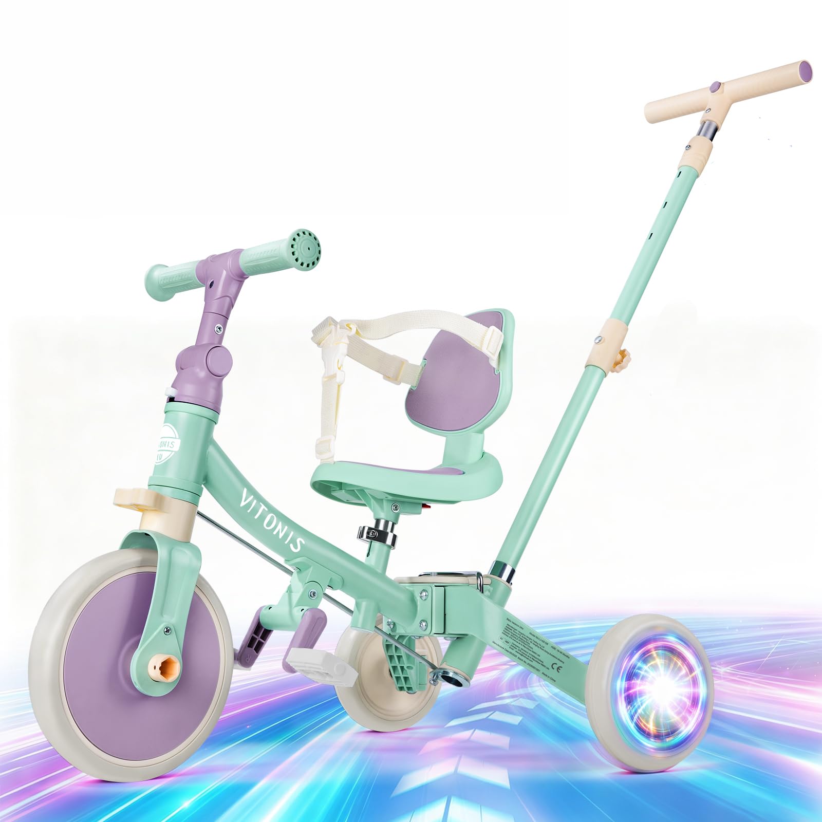 VITONIS Tricycle 5 en 1 pour Enfants de 18 Mois à 3 Ans, avec Roues Clignotantes, Tricycle avec Barre de poussée, Dossier et Ceinture de sécurité, Cadeau, vélo sans pédales, Vert
