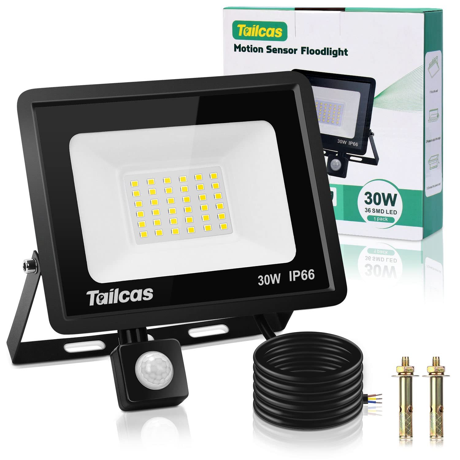 Tailcas Projecteur LED Extérieur Detecteur de Mouvement 30W 2700LM IP66 | 36 LEDs, 6500K Blanc Froid Super Lumineux Spot, Eclairage Exterieur pour Jardin, Patio, Garage