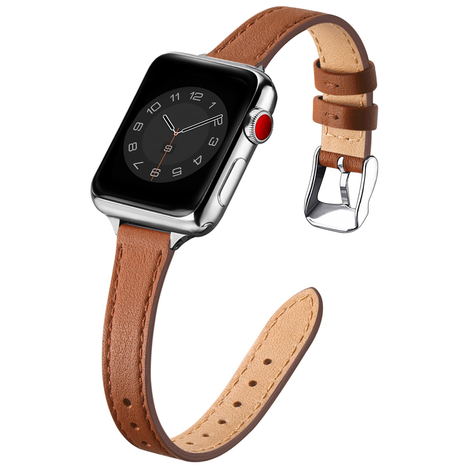 SUNFWR Bracelet Cuir pour Apple Watch 42mm(Series 12/11/10) 41mm 40mm 38mm | Femme Élégant Remplacement Cuir Fin Véritable pour iWatch SE 1-3,iwatch Series 12/11/10/9/8/7/6/5/4/3/2/1(Marron&Argent)