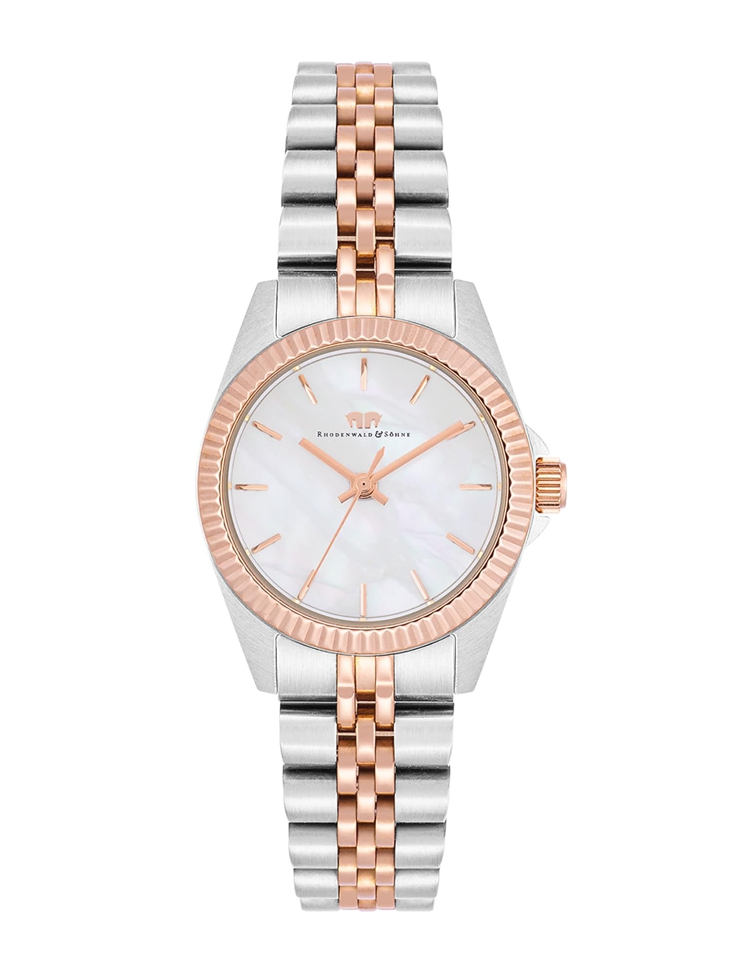 Rhodenwald & Söhne Montre pour femme acier inox. argent/rose quartz 5 ATM | Acier inox. bracelet, argent/rose, bracelet à maillons, calendrier blanc, verre minéral, montre-bracelet, montre de mode