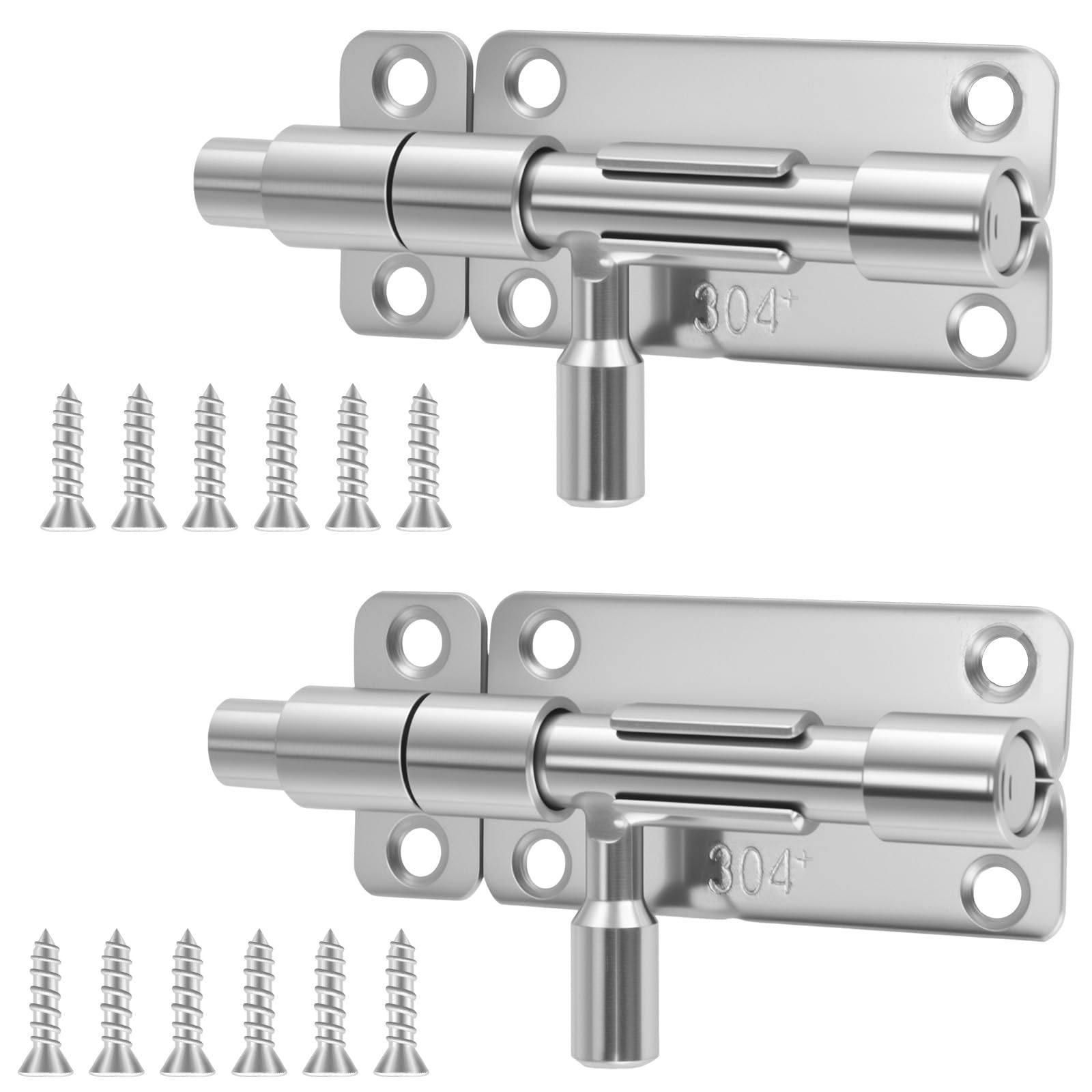 VINATO Verrou Porte Exterieur en Acier Inoxydable 304, Lot de 2 Loquet Porte Exterieur avec Vis, Serrure Porte Coulissante pour Portail, Fenêtre et Clôture, Argent