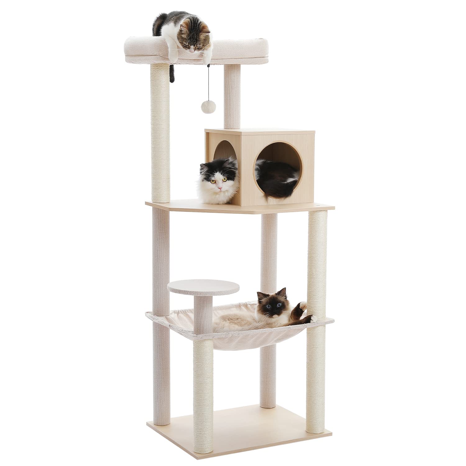 PAWZ Road Arbre à Chat en Bois Hauteur 143 cm, Tour de Jeux pour Chat Moderne avec 4 Griffoirs Sisal, 1 Condo Confortable, 1 Perchoir Doux, 2 Pompons & 1 Grand Hamac, Beige