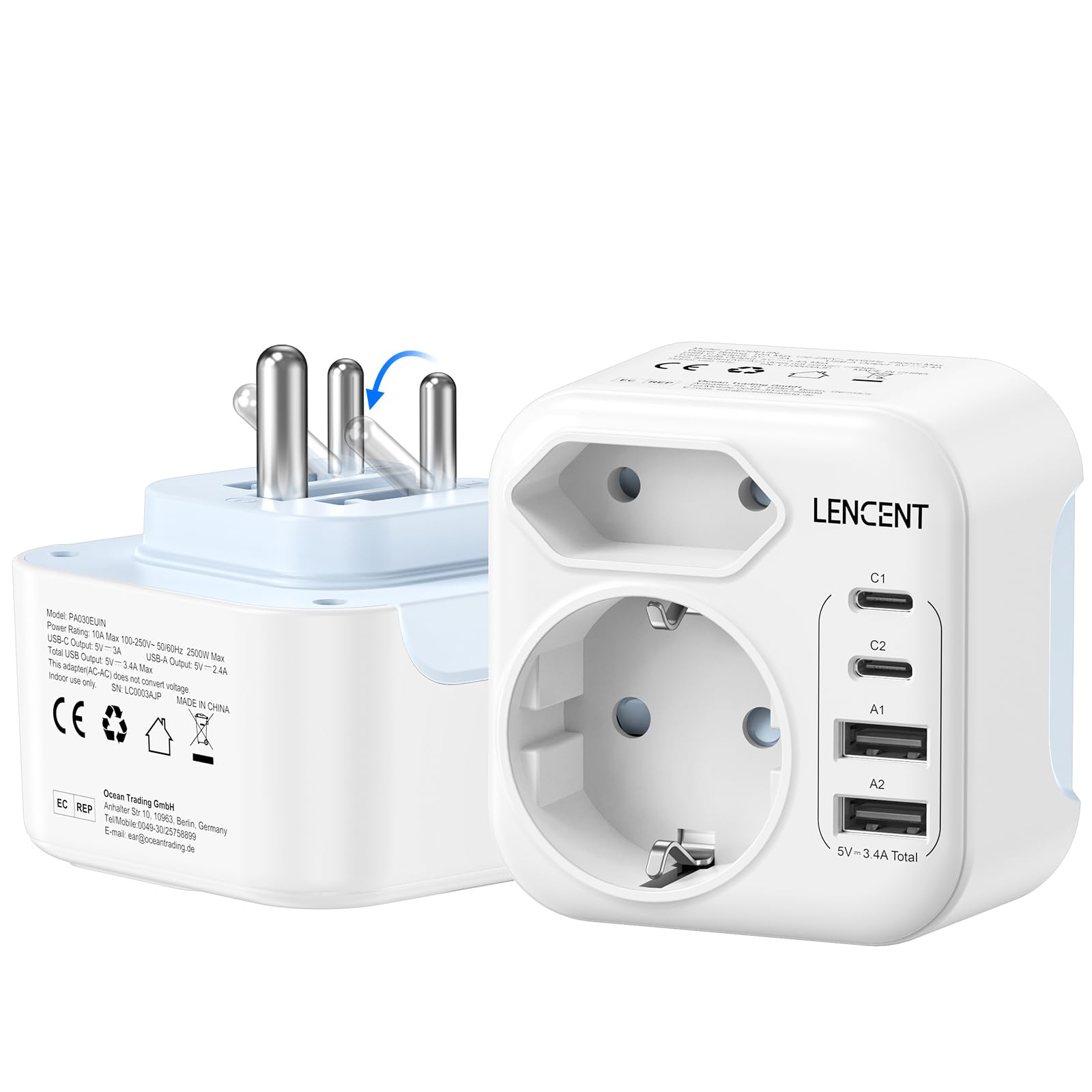 LENCENT Adaptateur Prise Inde 6‑en‑1 Pliable Type D 2 USB‑C & 2 USB‑A | Prise Indienne Charge Max15W – Compatible avec Inde, Sri Lanka, Népal, Liban, Sénégal et Autres Pays