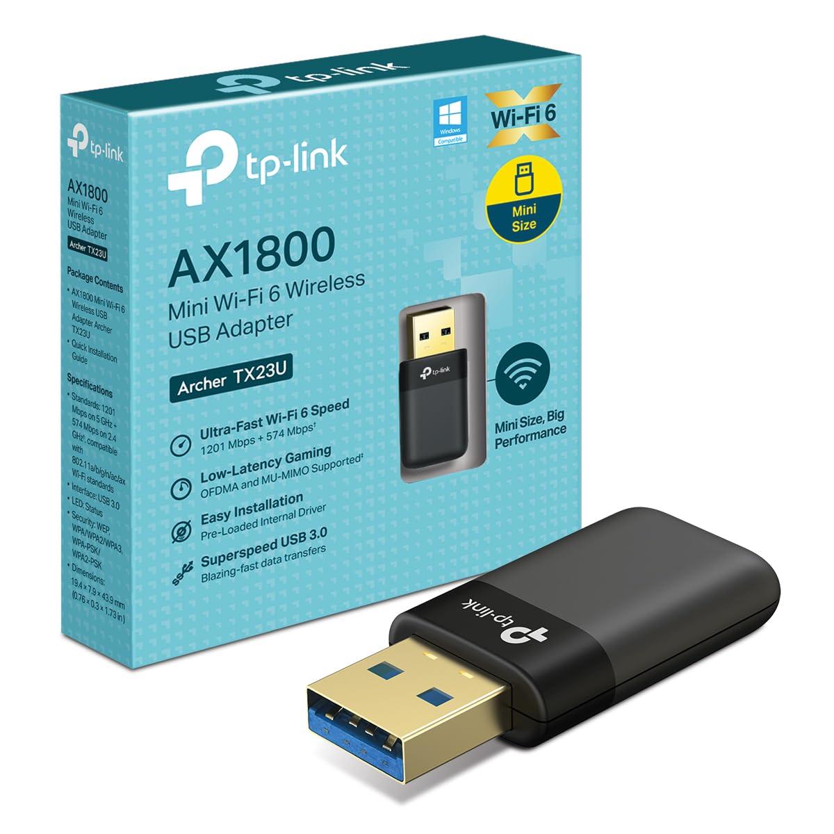 TP-Link Clé WiFi 6 AX1800 USB 3.0 pour PC, Archer TX23U | Pilote intégré, double bande, WPA3, installation facile, idéal télétravail/gaming/streaming, compatible Windows 10 et 11