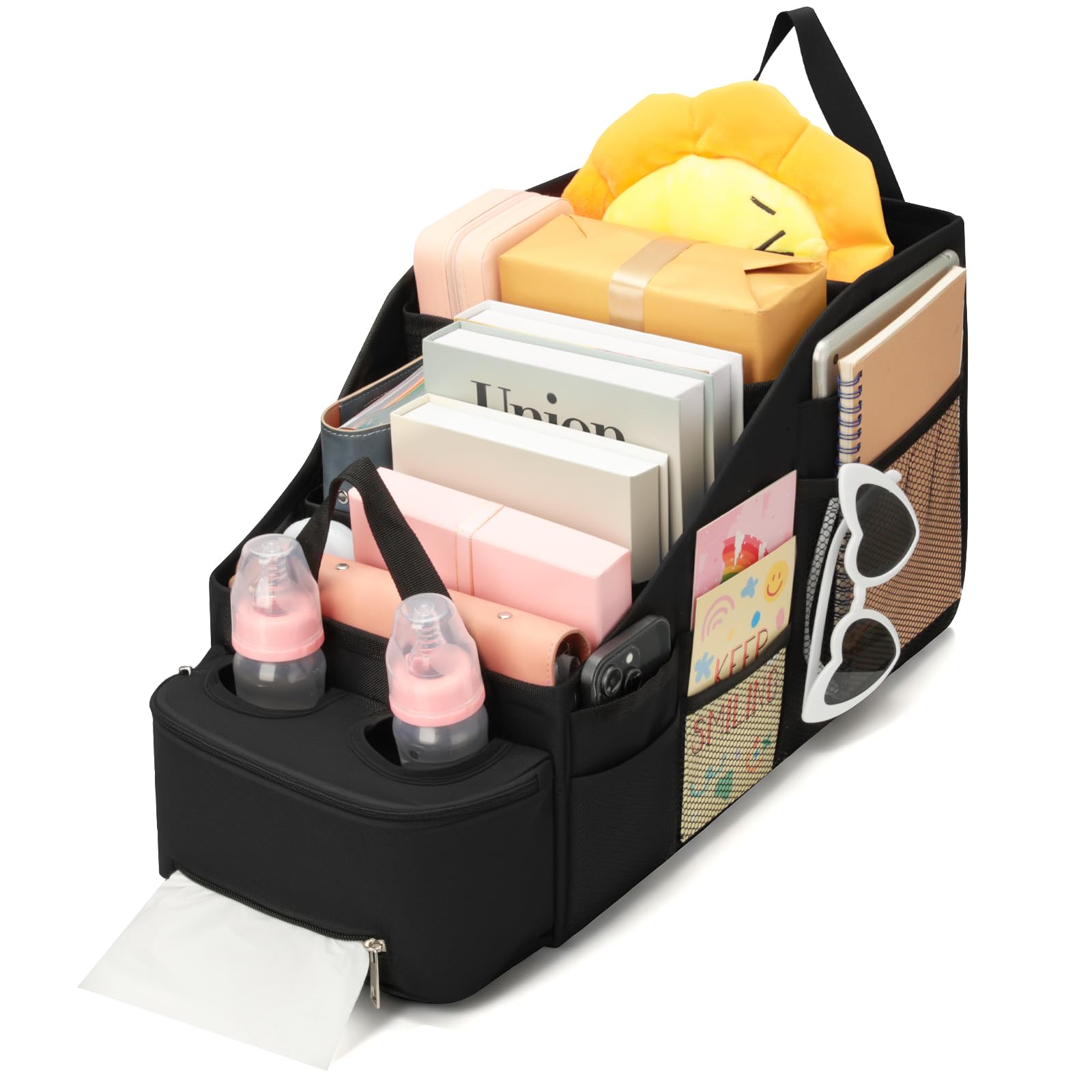 Romon Organisateur Voiture Organisateur Oxford 600D avec Porte-gobelets et Compartiments pour Jouets Collations et Articles pour Siège Arrière Avant Coffre Noir