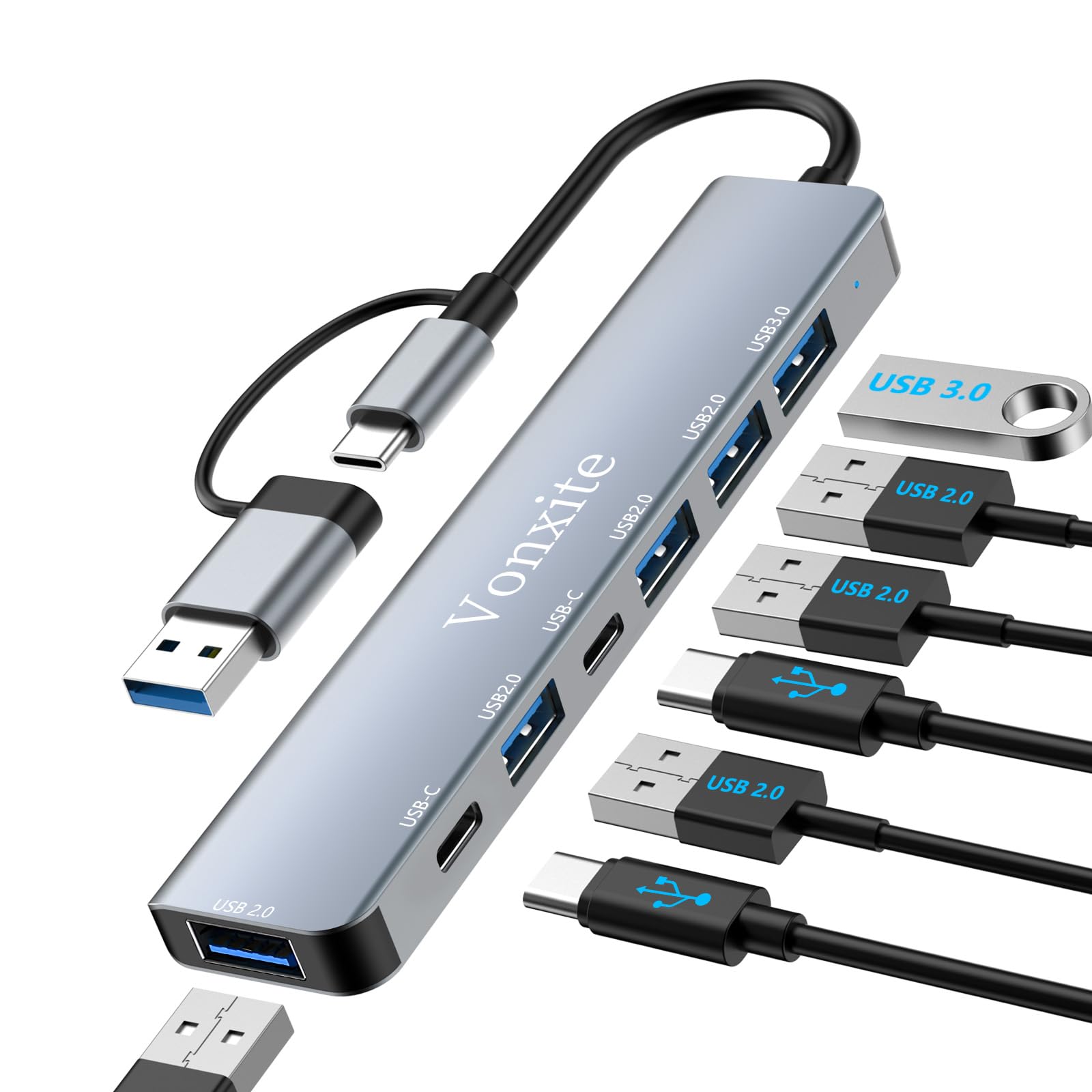 Hub USB 3.0,Hub USB C,7-en-2 Multiprise USB avec 1 Port USB 3.0/2 Ports USB-C/4 Ports USB 2.0,5Gbps Haute Vitesse Compatible avec MacBook/Pro/Mini,iMac,Surface,XPS,PC,HP,Dell,Ordinateur Portable ecc