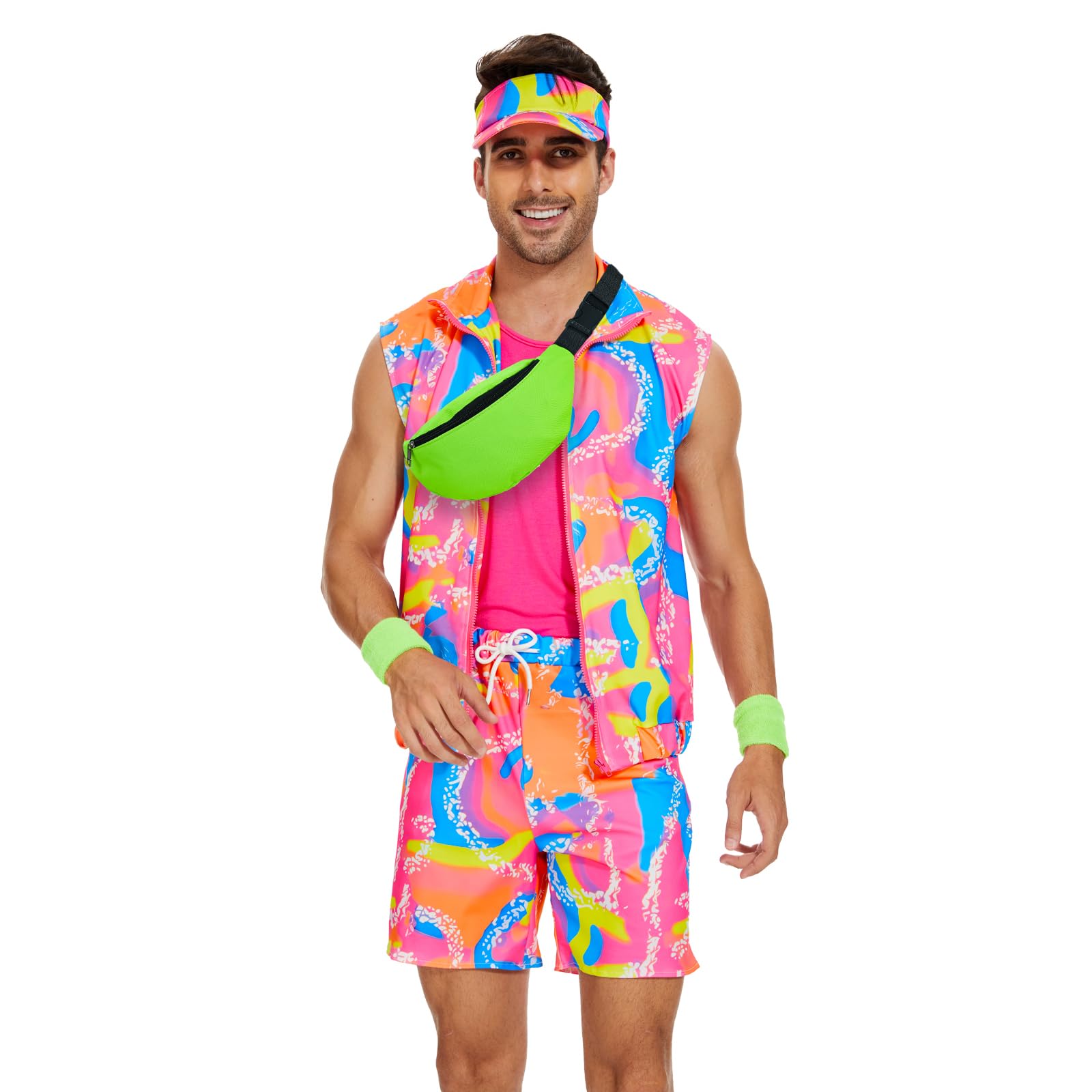 AJGEGJE Costume d'entraînement des années 80 pour homme, tenue des années | Accessoires avec sac banane, chapeau pare-soleil, sangles de poignet, costume de patinage pour Halloween, cosplay