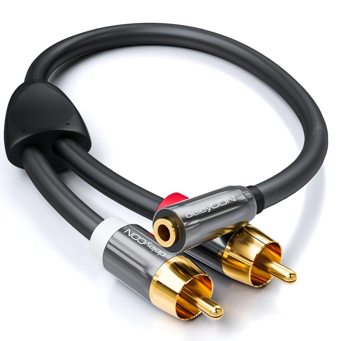 deleyCON 20cm Câble Audio Stéréo Court - Prise Jack 3,5 mm vers 2 Fiche RCA - Boîtier Métallique - Adaptateur pour Ordinateur Portable, Tablette, Smartphone, TV, DVD, Enceinte - Noir