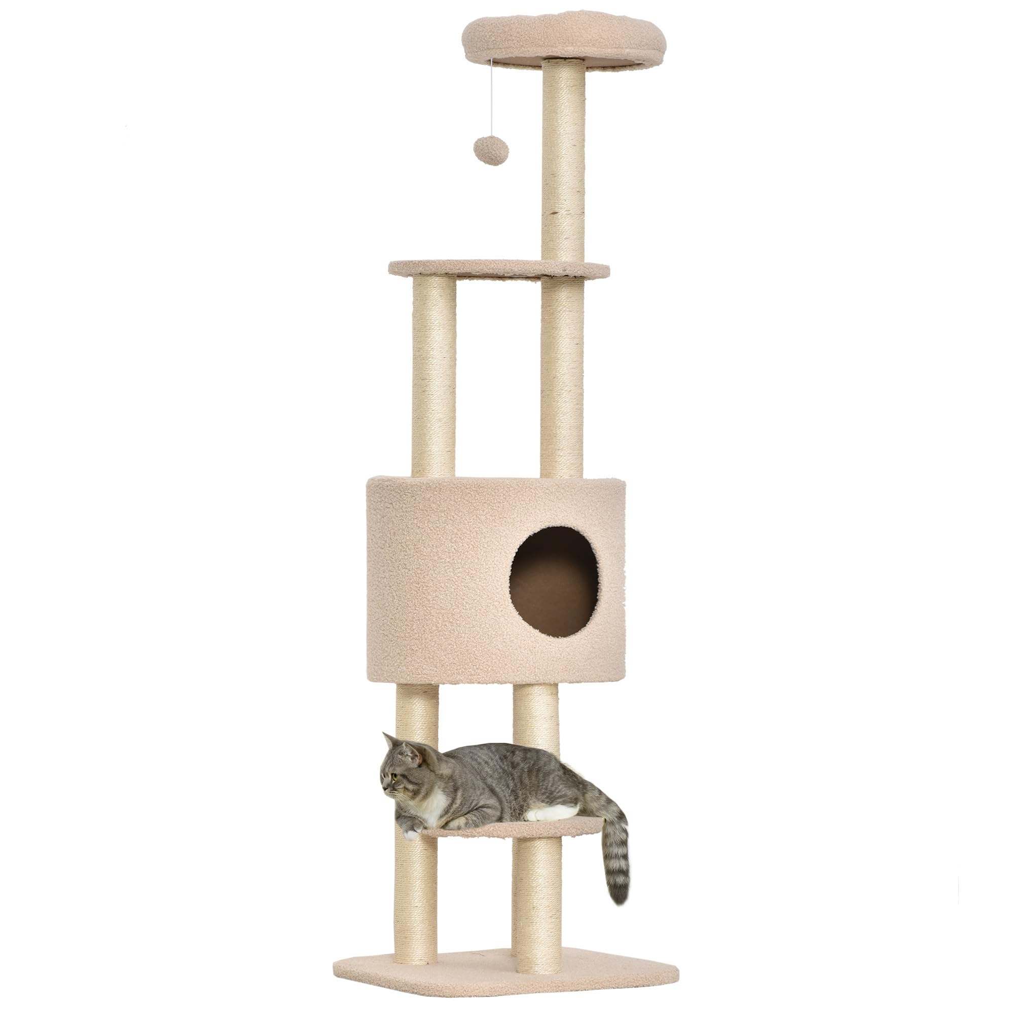 PawHut Arbre à Chats avec Griffoir Arbre à Grimper pour Chat 148 cm Beige | avec Niche et Plate-Formes, Peluche Haute Densité