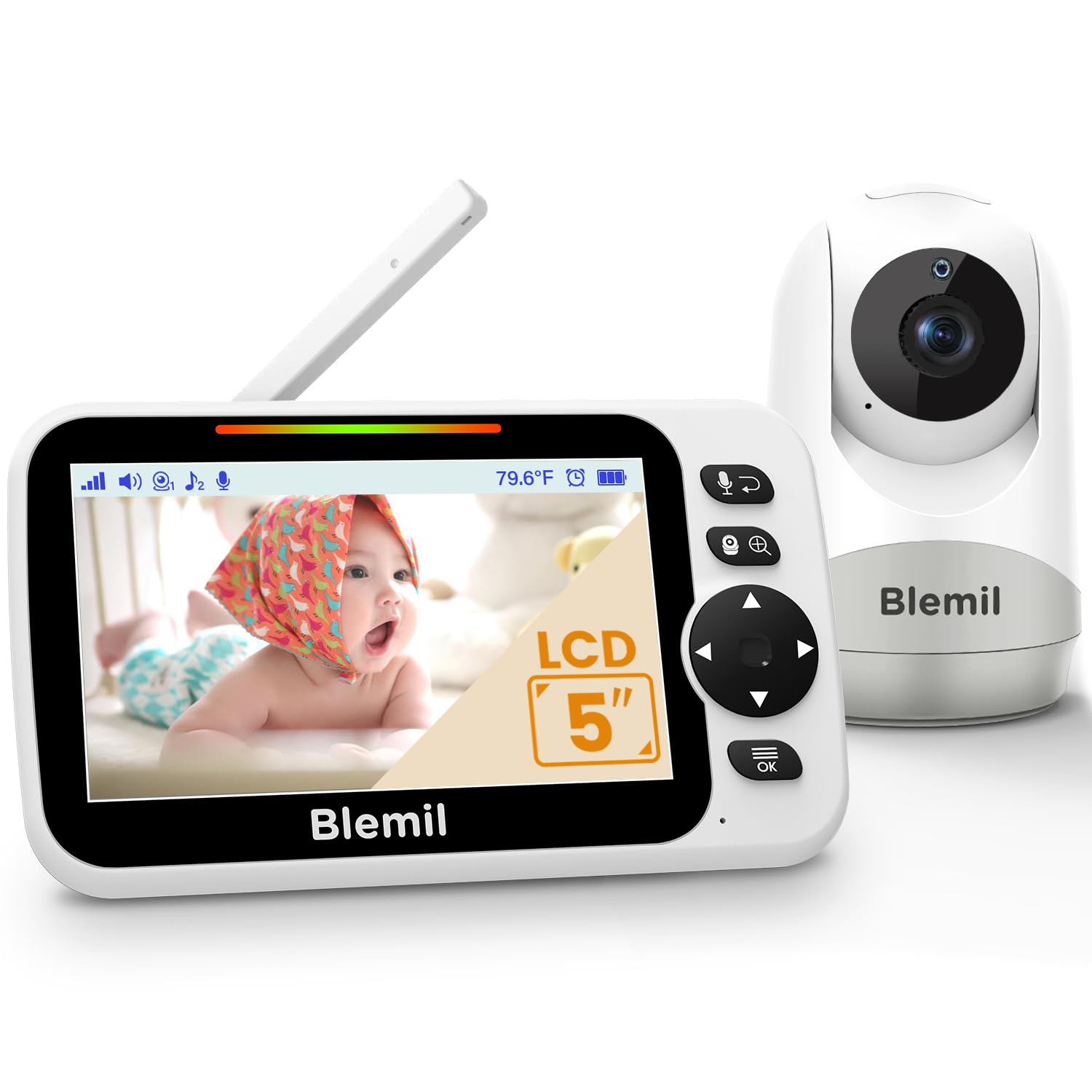 Blemil Babyphone Caméra 5'', Sans WiFi, Batterie 3500 mAh | Babyphone avec caméra, grand écran, vision nocturne, PTZ, audio bidirectionnel, berceuses, portée 300 m