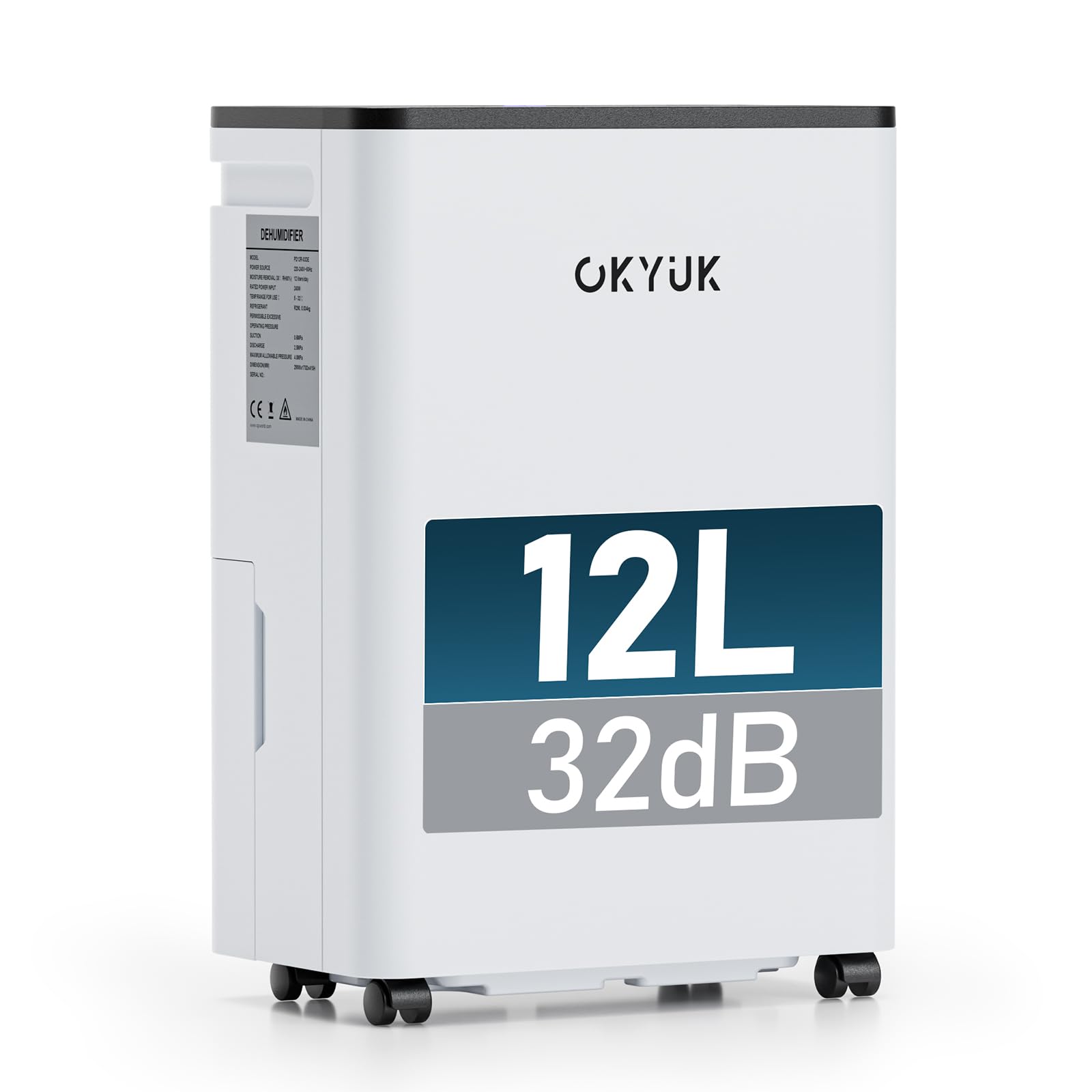 OKYUK Deshumidificateur d air 12 litres/jour, convient pour les pièces d'environ 90 mètres cubes (30 mètres carrés), déshumidificateur électrique, dégivrage automatique, 32 dB, PD12R-03DE