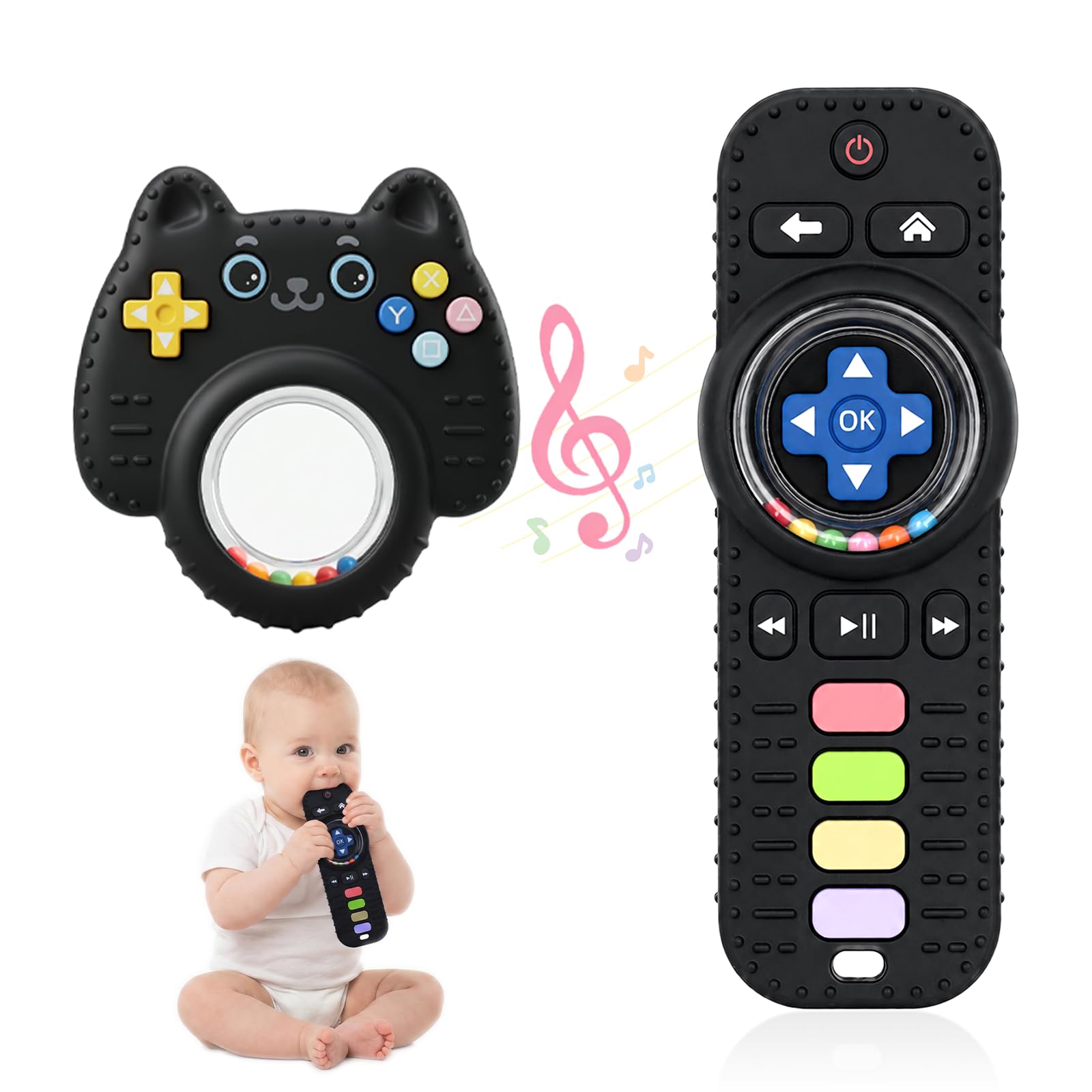 2 Pièces Jouet Dentition Bébé, Silicone Telecommande Bebe avec Hochet bebe 0-3 Mois, Jouet Bebe 9 Mois, Anneau Dentition Bebe pour 0-12 Mois, Jeux Sensoriel Bebe de Qualité Alimentaire, Noir