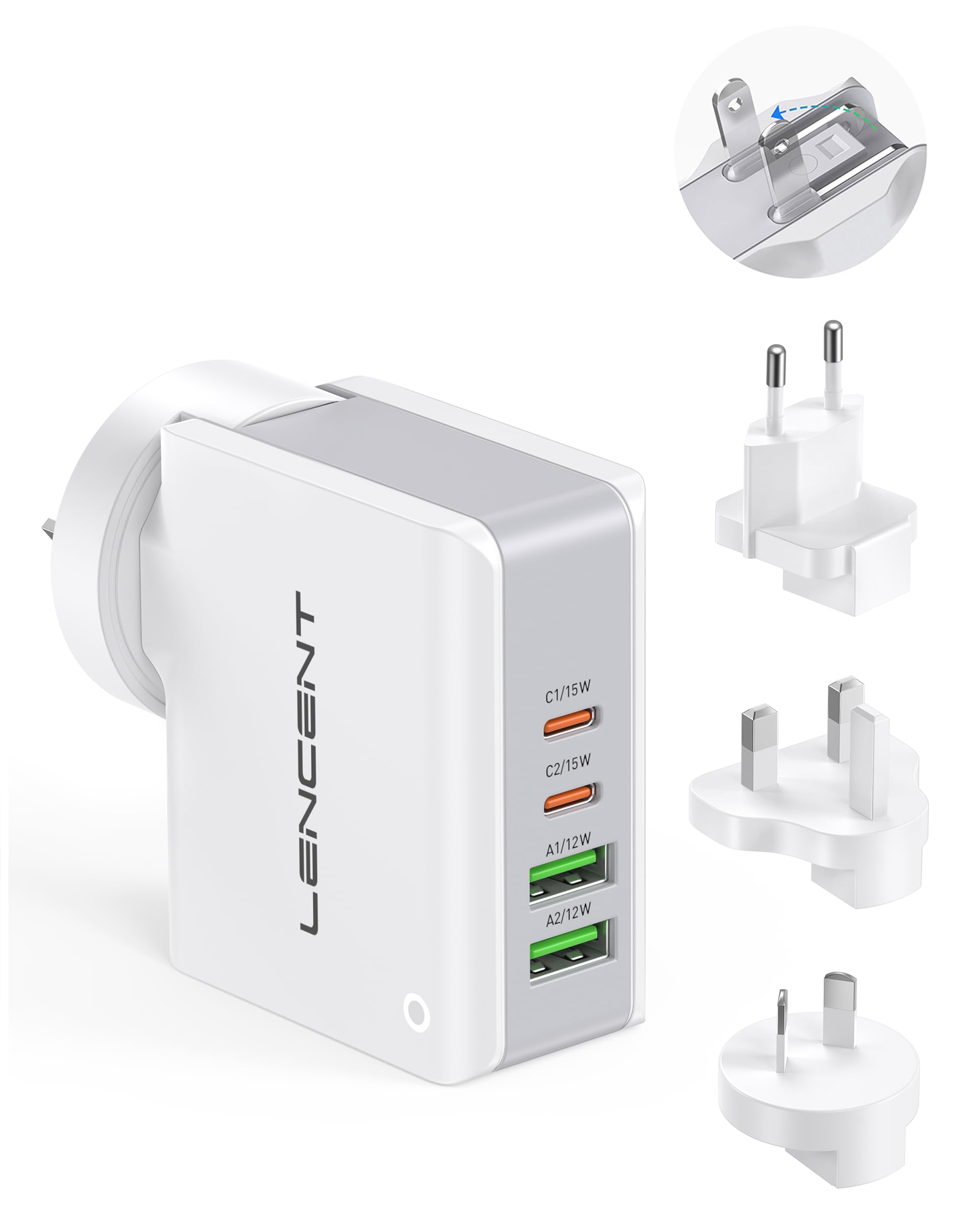 LENCENT Chargeur USB Multiple 4 Ports USB Adaptateur Prise International | Anglaise/Europe/Americaine/Australie Type A C G I pour Téléphones Portables Tablettes vers Thailande Japon