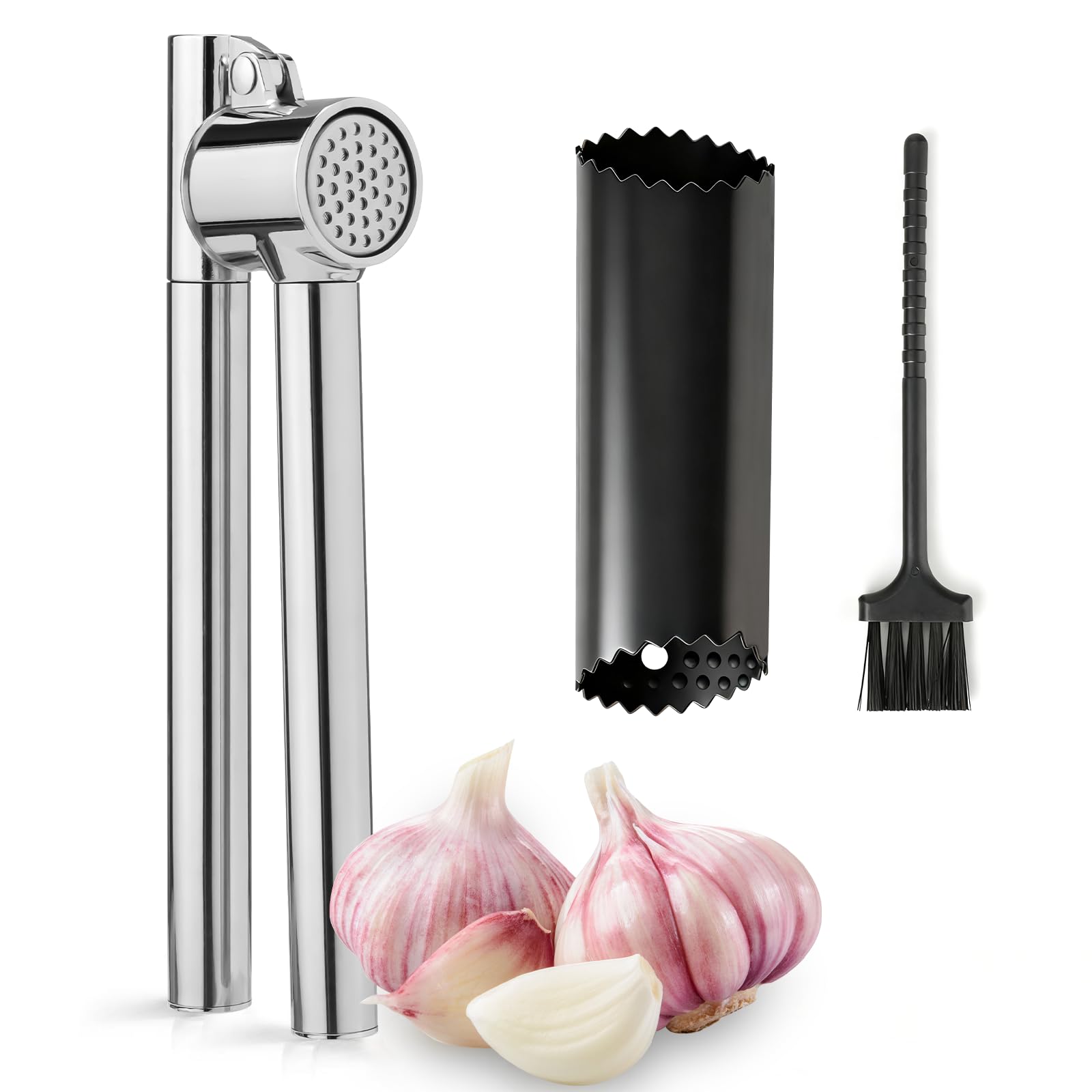 VINATO Presse Ail Acier Inoxydable 304, Éplucheur, Brosse | Acier Inoxydable 304, Alliage De Zinc, Éplucheur Silicone, Brosse, Lavable Au Lave-Vaisselle
