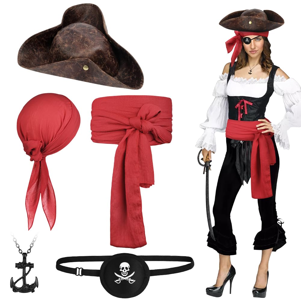 Alaoo 5 Pièces Ensemble d'Accessoires de Costume de Pirate, Bandana de Pirate, Ceinture, Collier, Bague, Cache-Œil, Accessoires de Costume de Pirates Pour Costume de Carnaval d'Halloween