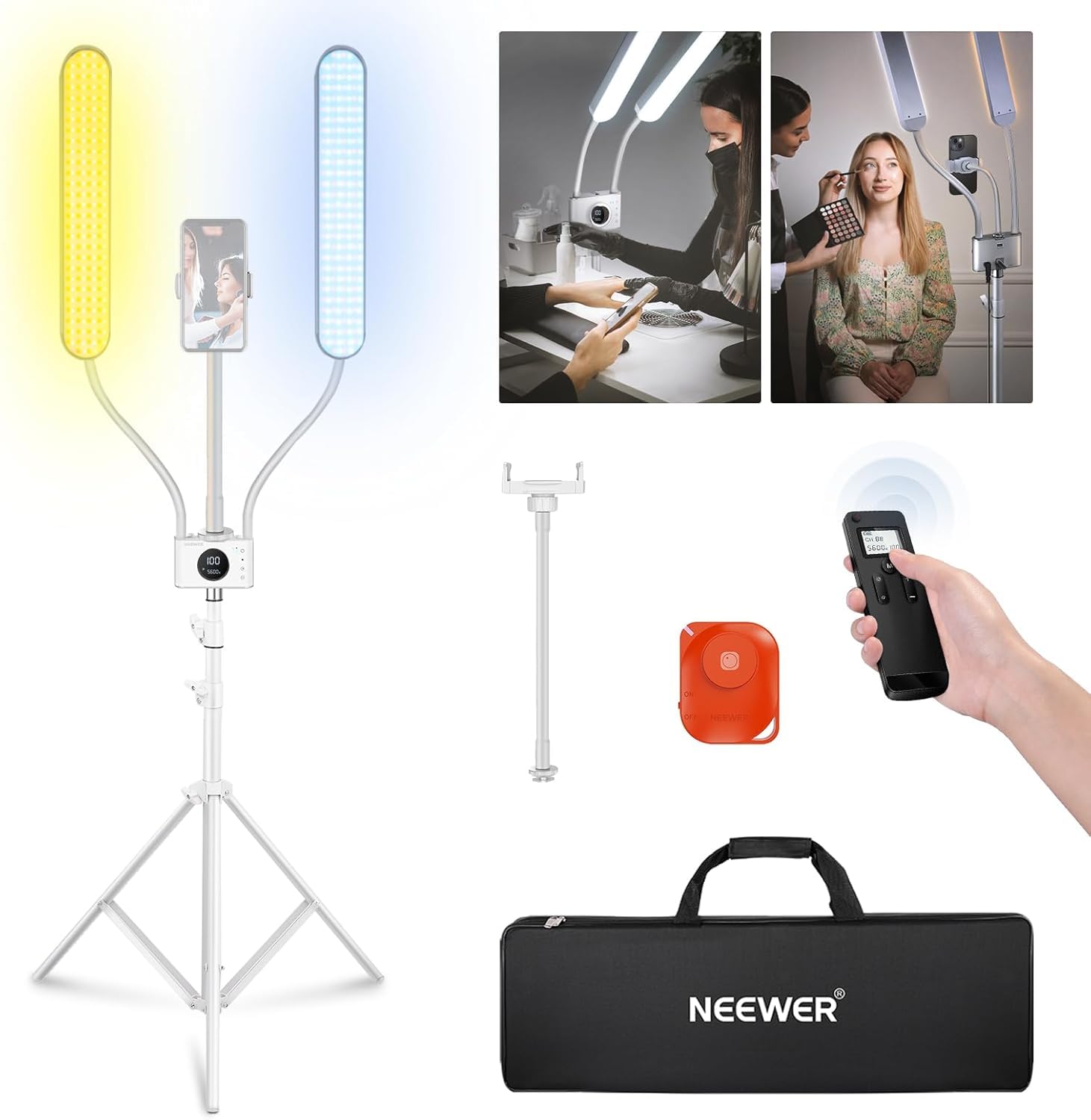NEEWER Lampe Esthéticienne,Support Téléphone,Sac De Voyage,IRC98+,BH40B | Contrôle 2.4G/PC/Mac, Réglage Séparé 2 Têtes LED, Éclairage Bicolore Dimmable pour Tatouage & Cils
