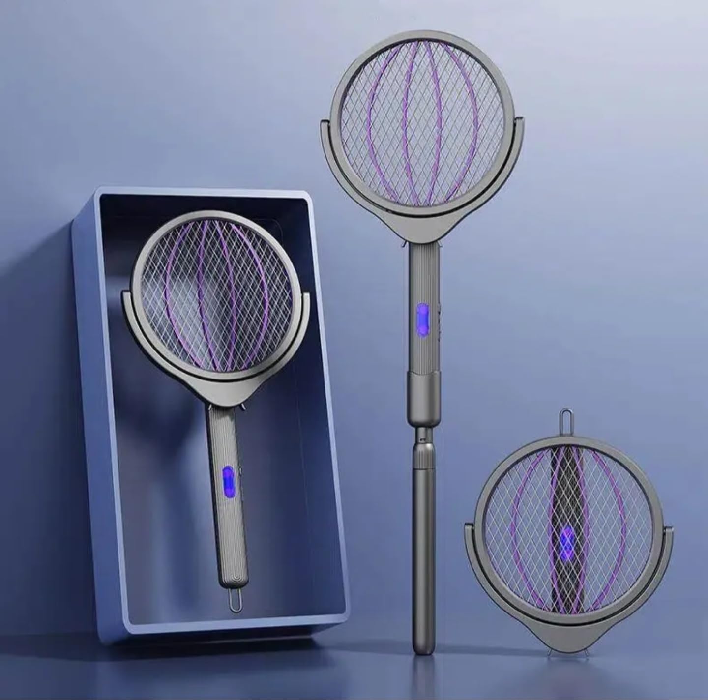 Raquette Anti Moustique Electrique, Mouche et Insecte, télescopique 4 Modes | USB-C, tête rotative 90°, manche pliable + extension télescopique, 4 modes, efficacitée prouvée, grille 3 couches sécurité