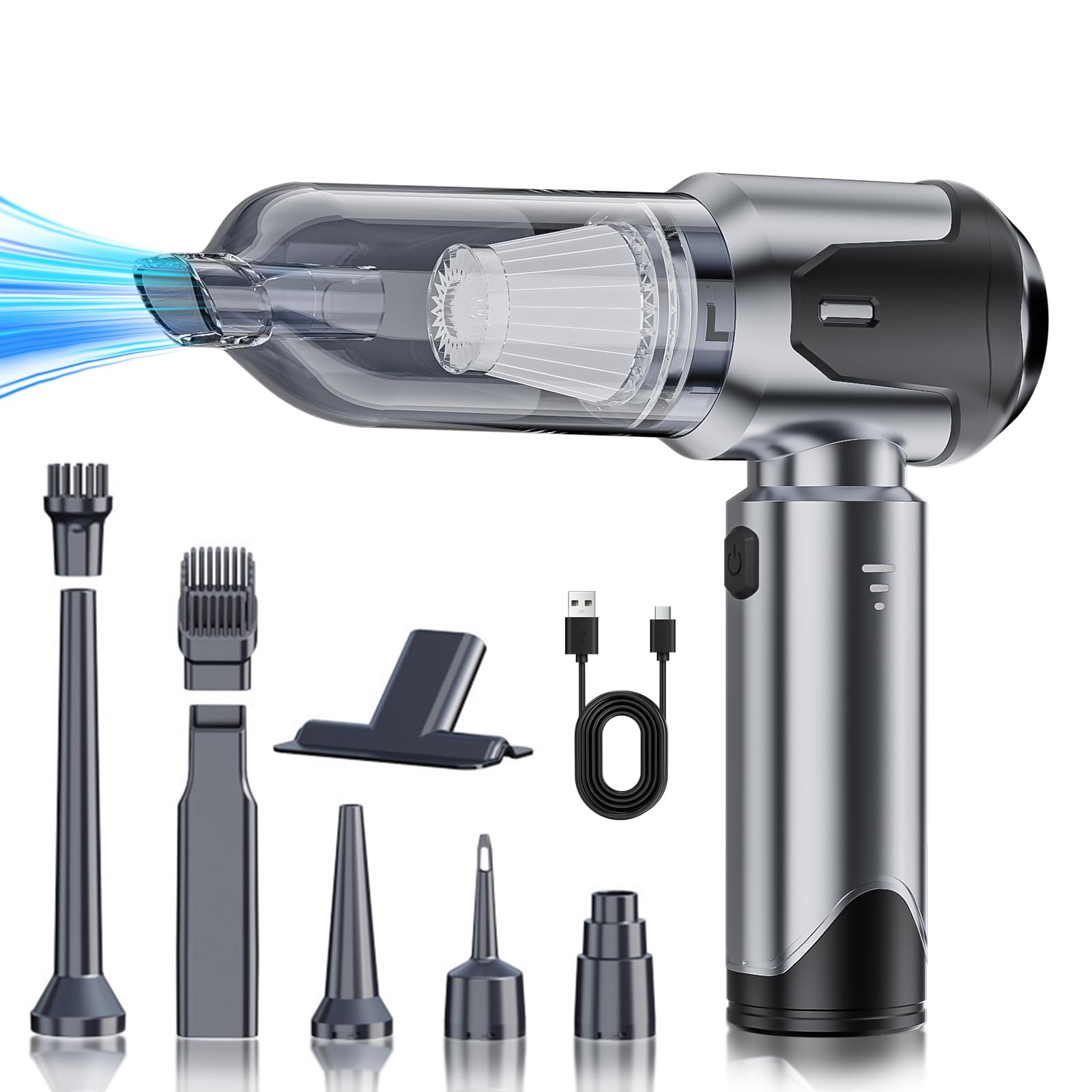 Aspirateur à Main sans Fil 4 en 1, Mini Aspirateur de Voiture, Argenté | Vidage Automatique 1 Touche, Rechargeable USB-C, 3 Niveaux de Puissance, pour Maison, Bureau et Cuisine