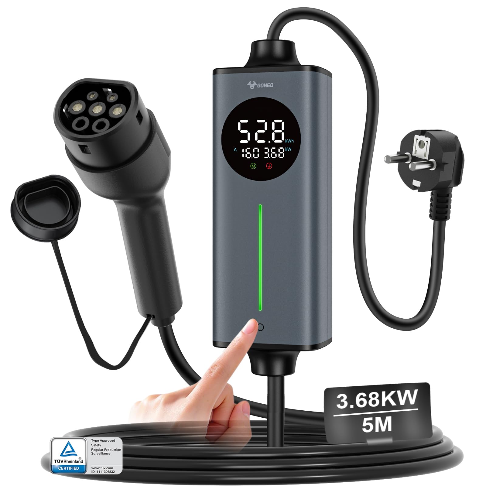 GONEO Chargeur Voiture Électrique Type 2 Portable,Température surveillance,Terre & CA 30mA+CC 6mA Détection.16a monophasé Schuko 3,68kW,Borne Domestique Cable Recharge 5M avec Courant & temps réglable