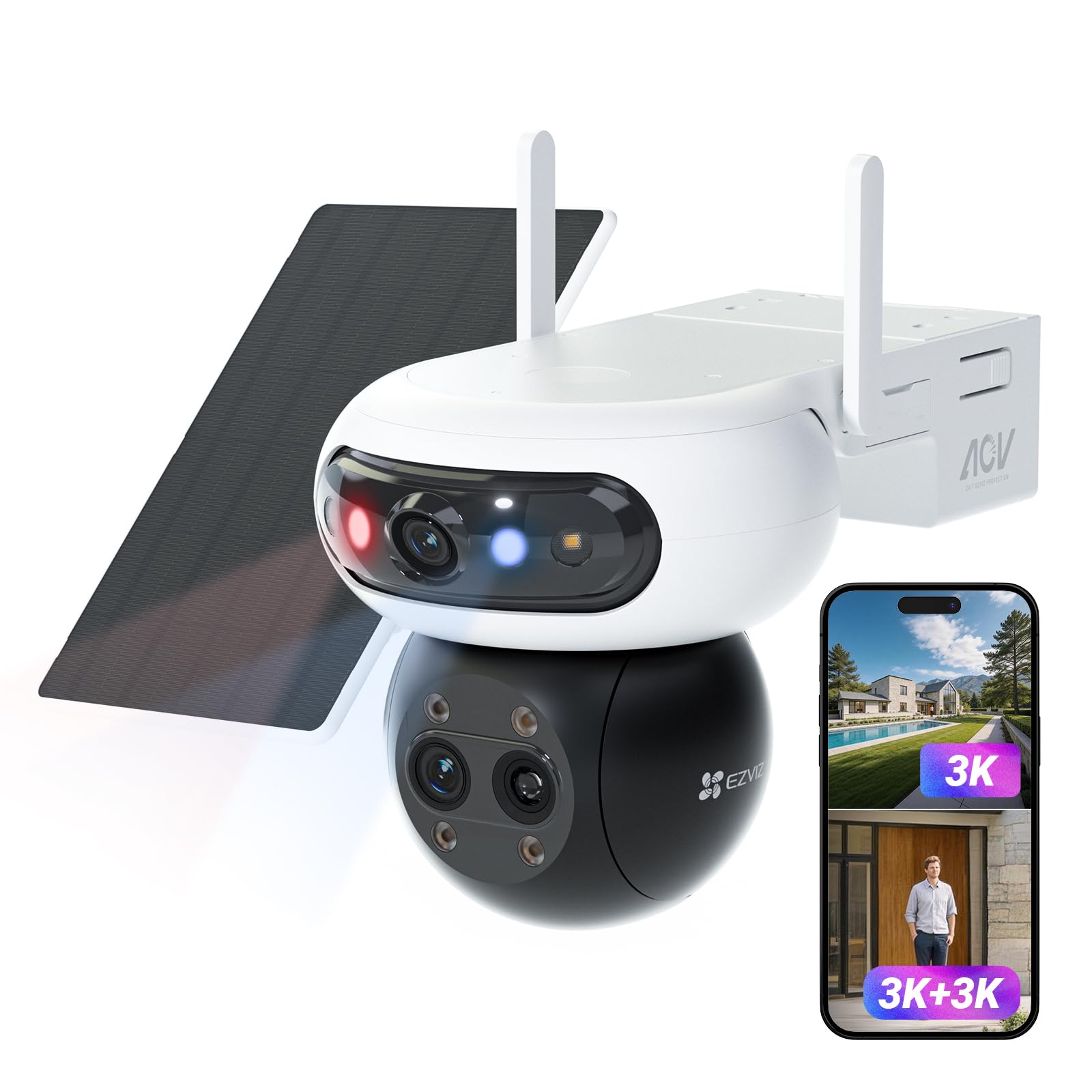 EZVIZ 3K(5MP)x3 Camera Exterieur sans Fil à Triple Objectif, CB90f Kit | Batterie de 10400mAh, 8W Panneau Solaire, Reconnaissance Faciale, Zoom 12x, Enregistrement 24h/24, Détection Humaine/Véhicule